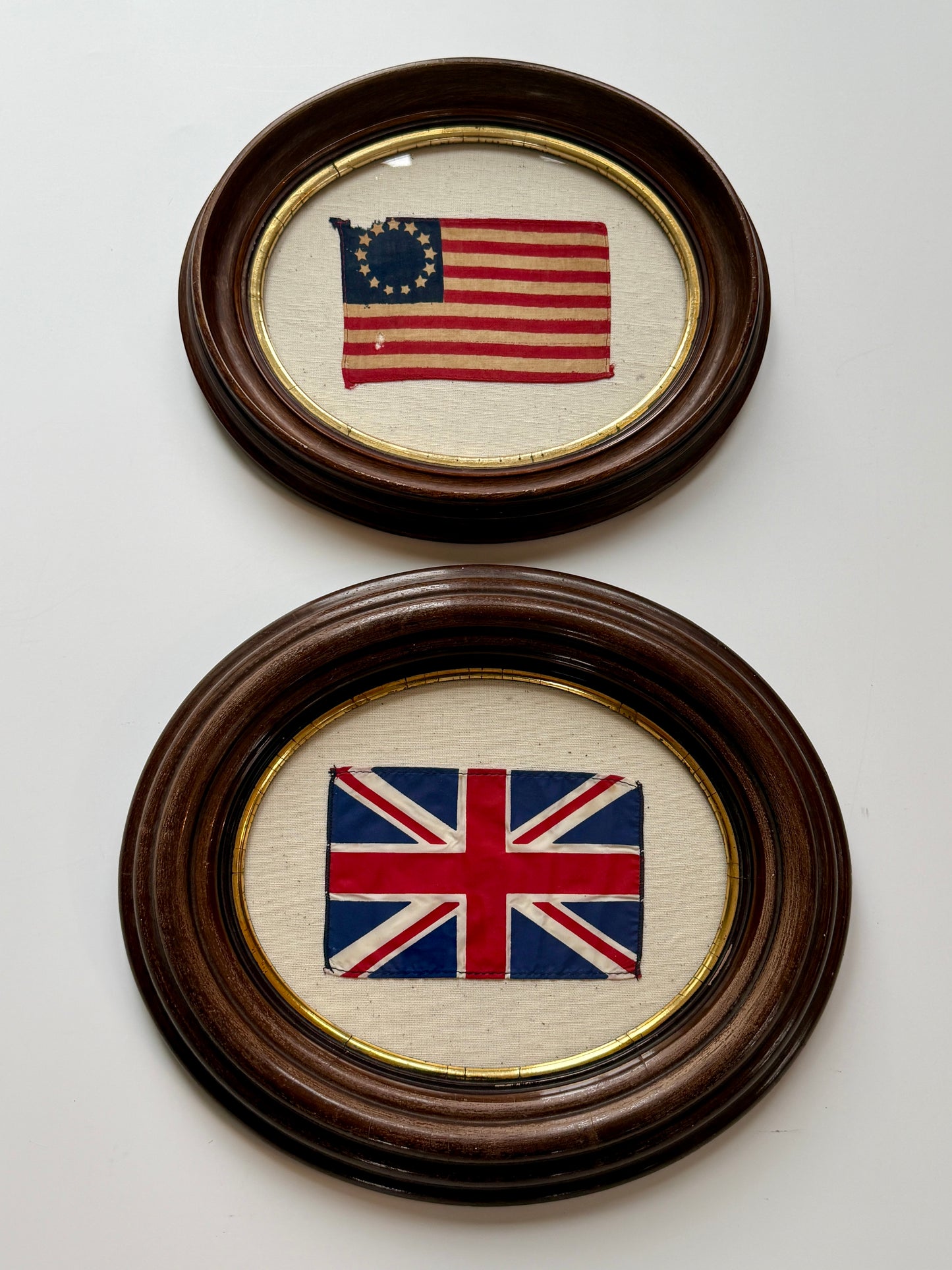 Vintage Union Jack British Parade Flag on Duck Cloth in Antique Oval Wood Frame