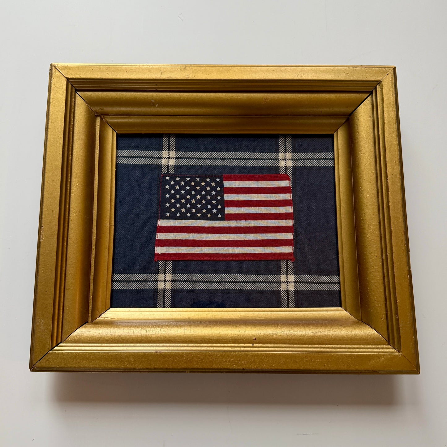 Vintage 50 Star American Parade Flag on Navy Windowpane Fabric in Antique Gold Frame
