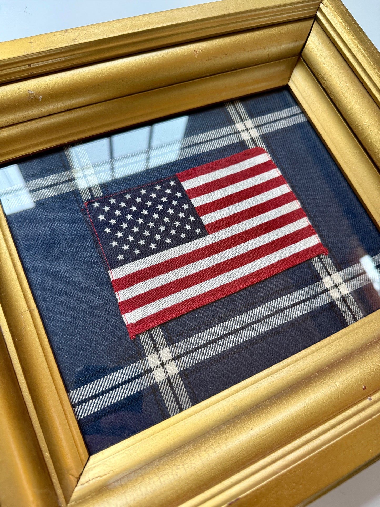 Vintage 50 Star American Parade Flag on Navy Windowpane Fabric in Antique Gold Frame