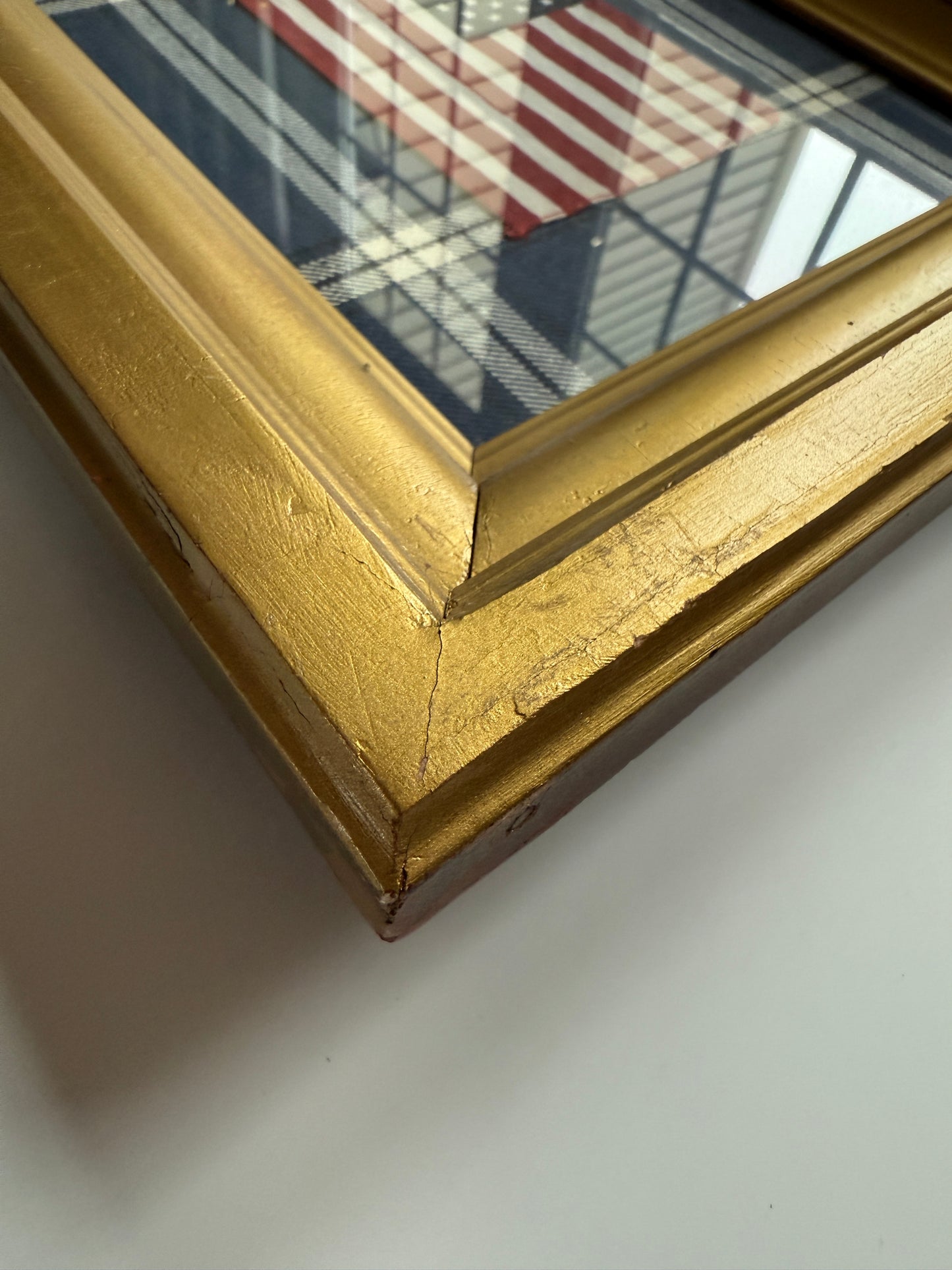 Vintage 50 Star American Parade Flag on Navy Windowpane Fabric in Antique Gold Frame