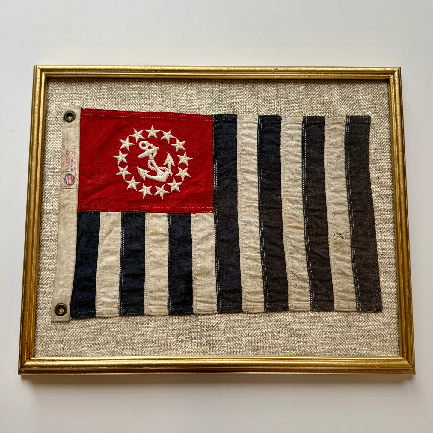 Vintage United States Power Squadron Boston Yacht Club Ensign Cotton Canvas Defiance Flag Mounted on Tan Herringbone in Gold Frame