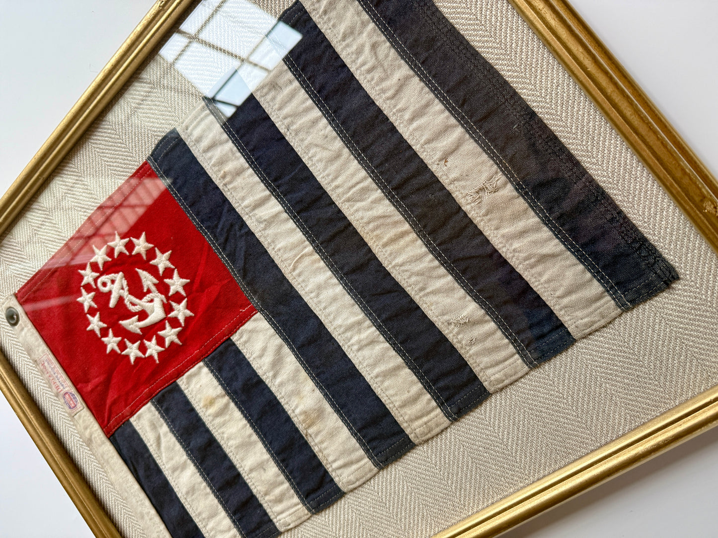 Vintage United States Power Squadron Boston Yacht Club Ensign Cotton Canvas Defiance Flag Mounted on Tan Herringbone in Gold Frame