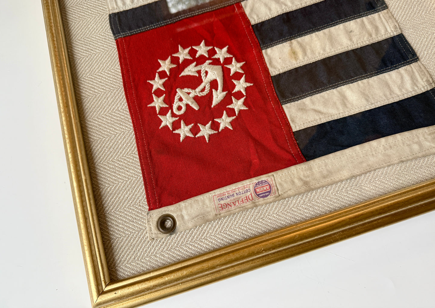 Vintage United States Power Squadron Boston Yacht Club Ensign Cotton Canvas Defiance Flag Mounted on Tan Herringbone in Gold Frame