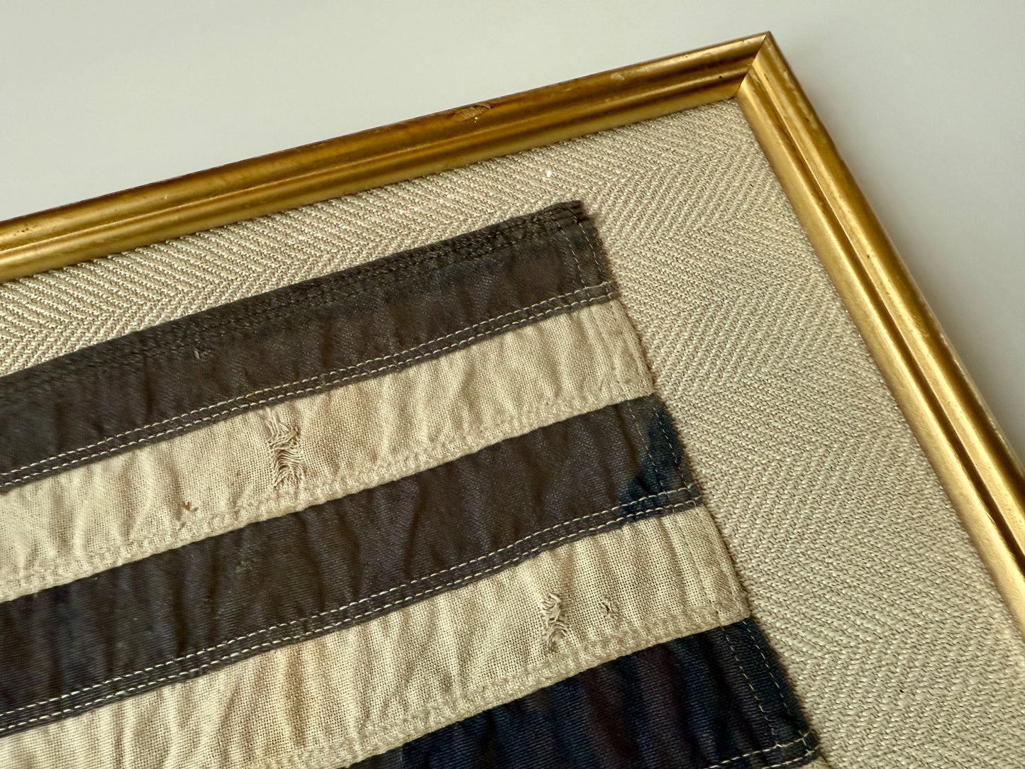 Vintage United States Power Squadron Boston Yacht Club Ensign Cotton Canvas Defiance Flag Mounted on Tan Herringbone in Gold Frame
