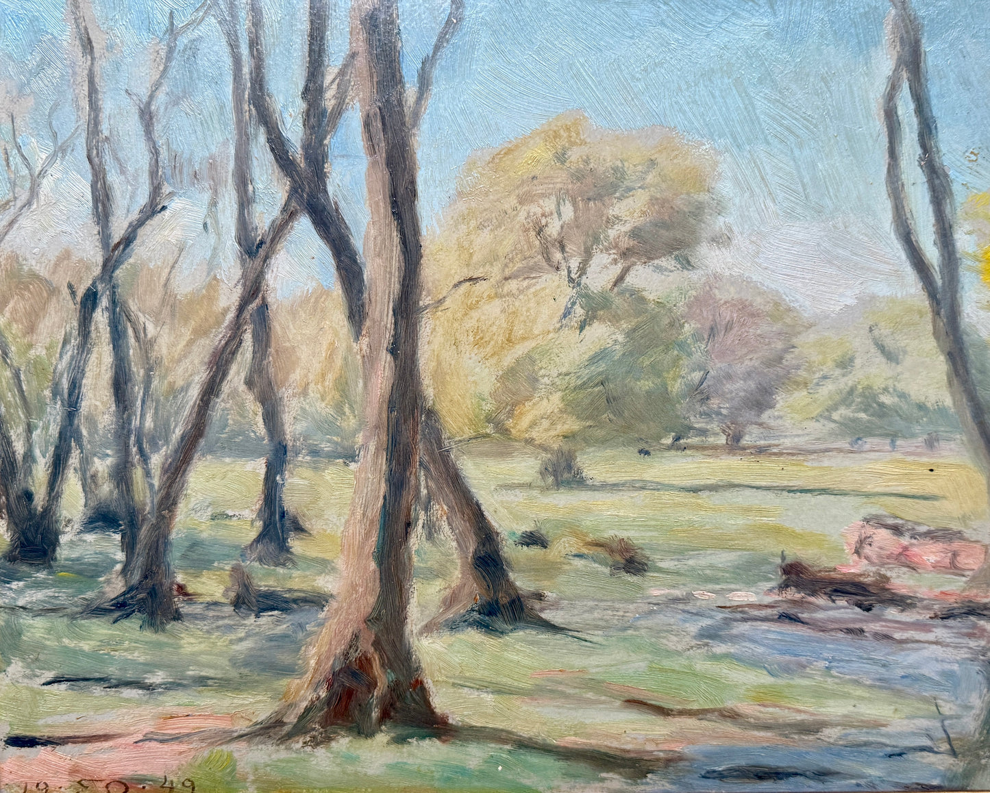1949 Einar Olsen Impressionist Park Landscape Oil Painting in Gold Frame