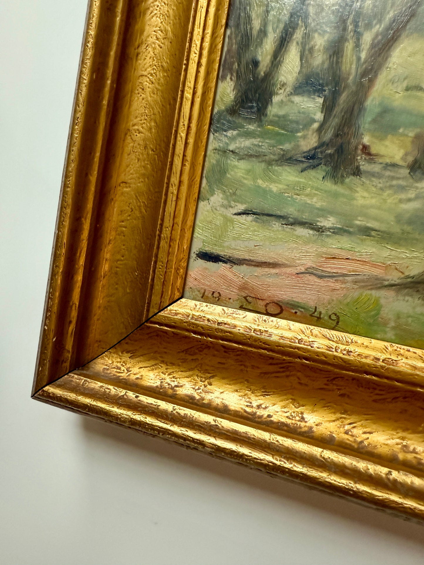 1949 Einar Olsen Impressionist Park Landscape Oil Painting in Gold Frame