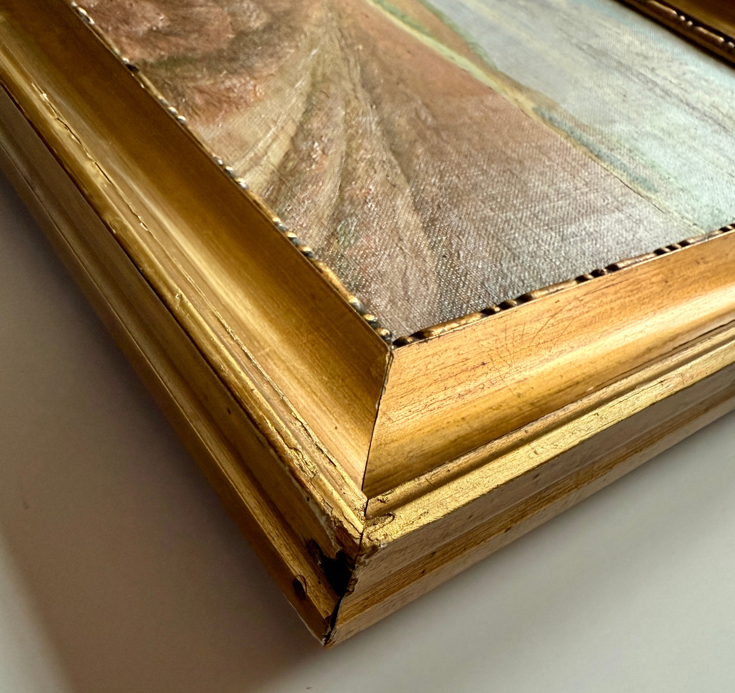 1934 Swirling Clouds Over Farmhouse Landscape Oil Painting in Gold Frame