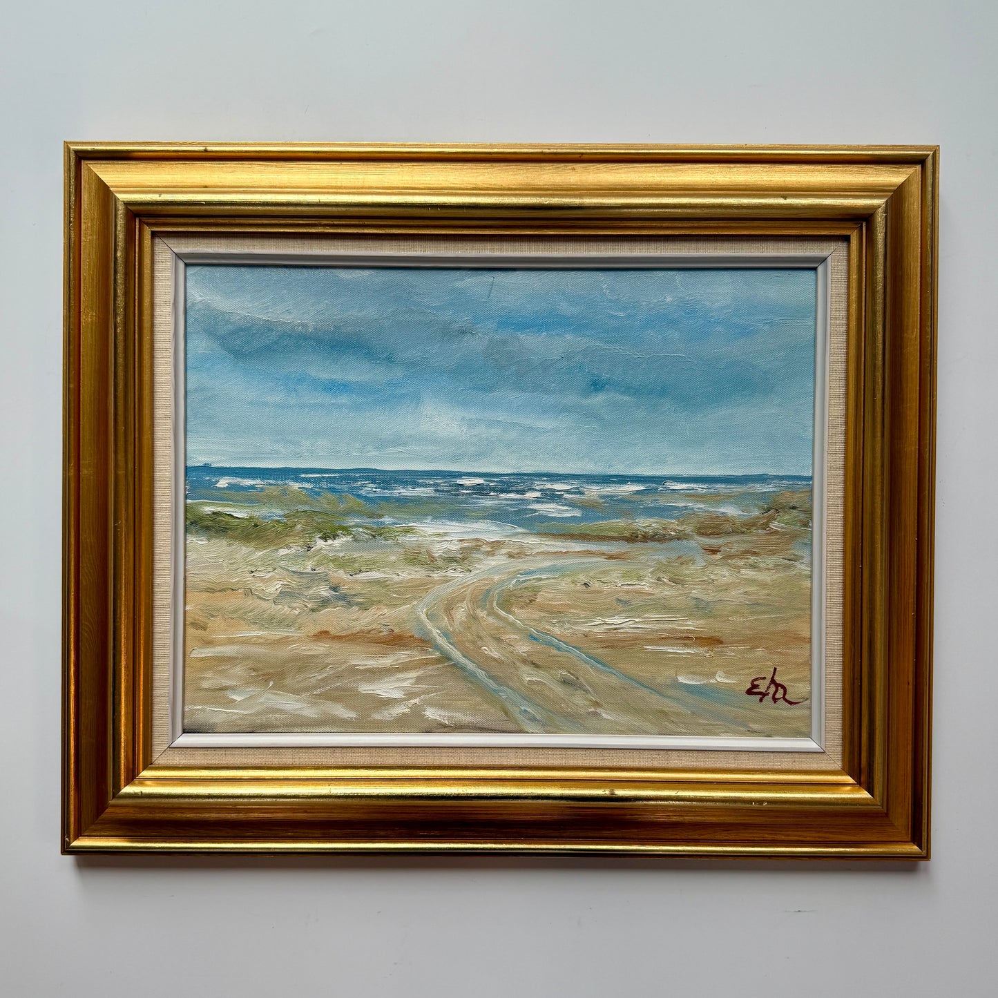 Vintage Impressionist Beach Seascape Oil Painting in Gold Frame