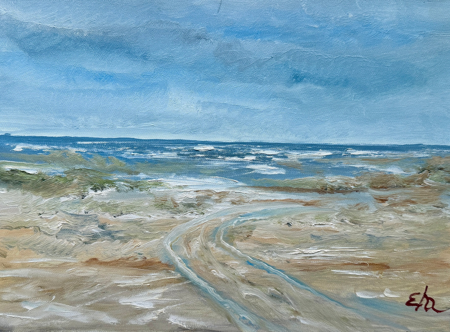 Vintage Impressionist Beach Seascape Oil Painting in Gold Frame