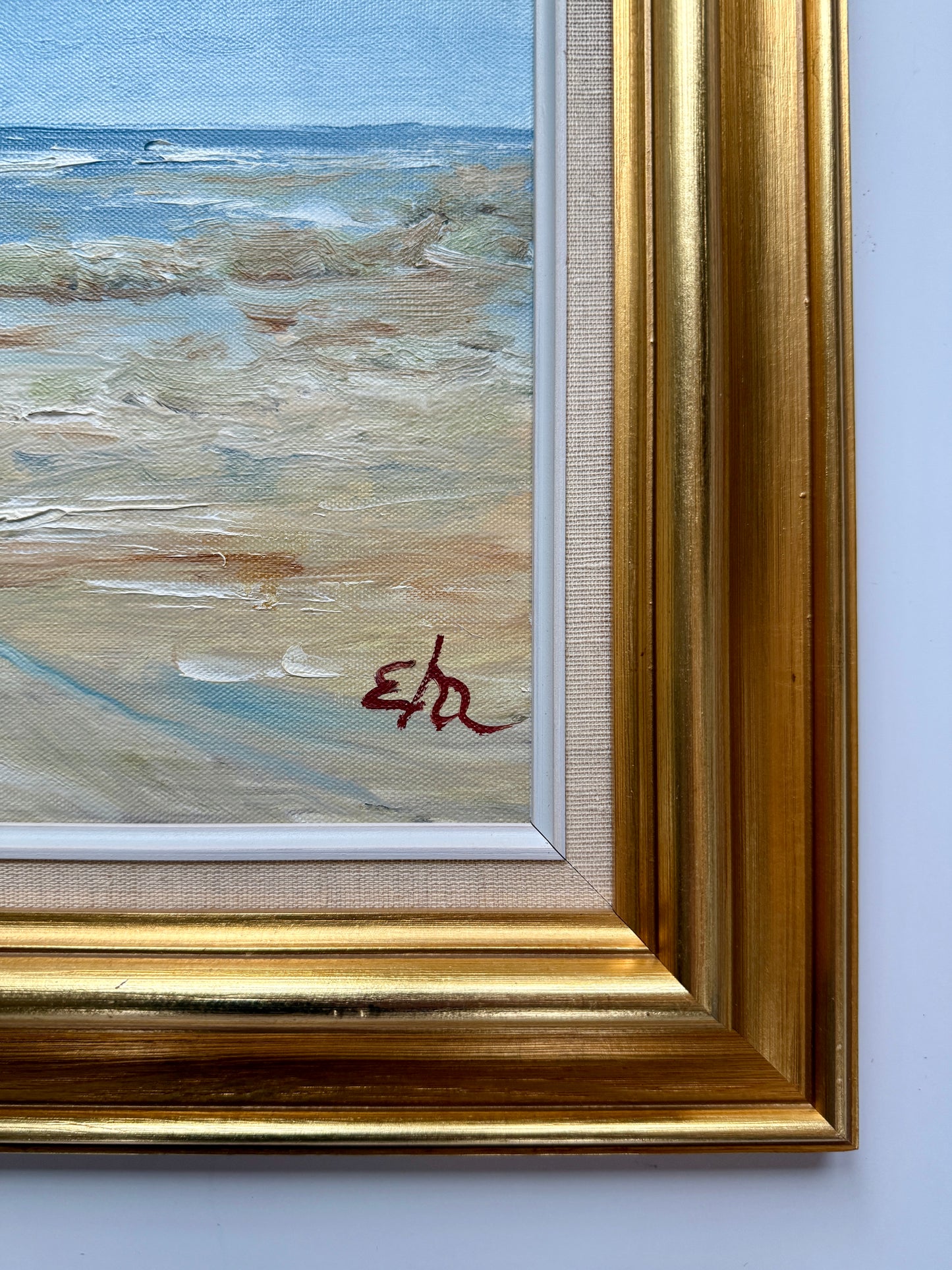 Vintage Impressionist Beach Seascape Oil Painting in Gold Frame