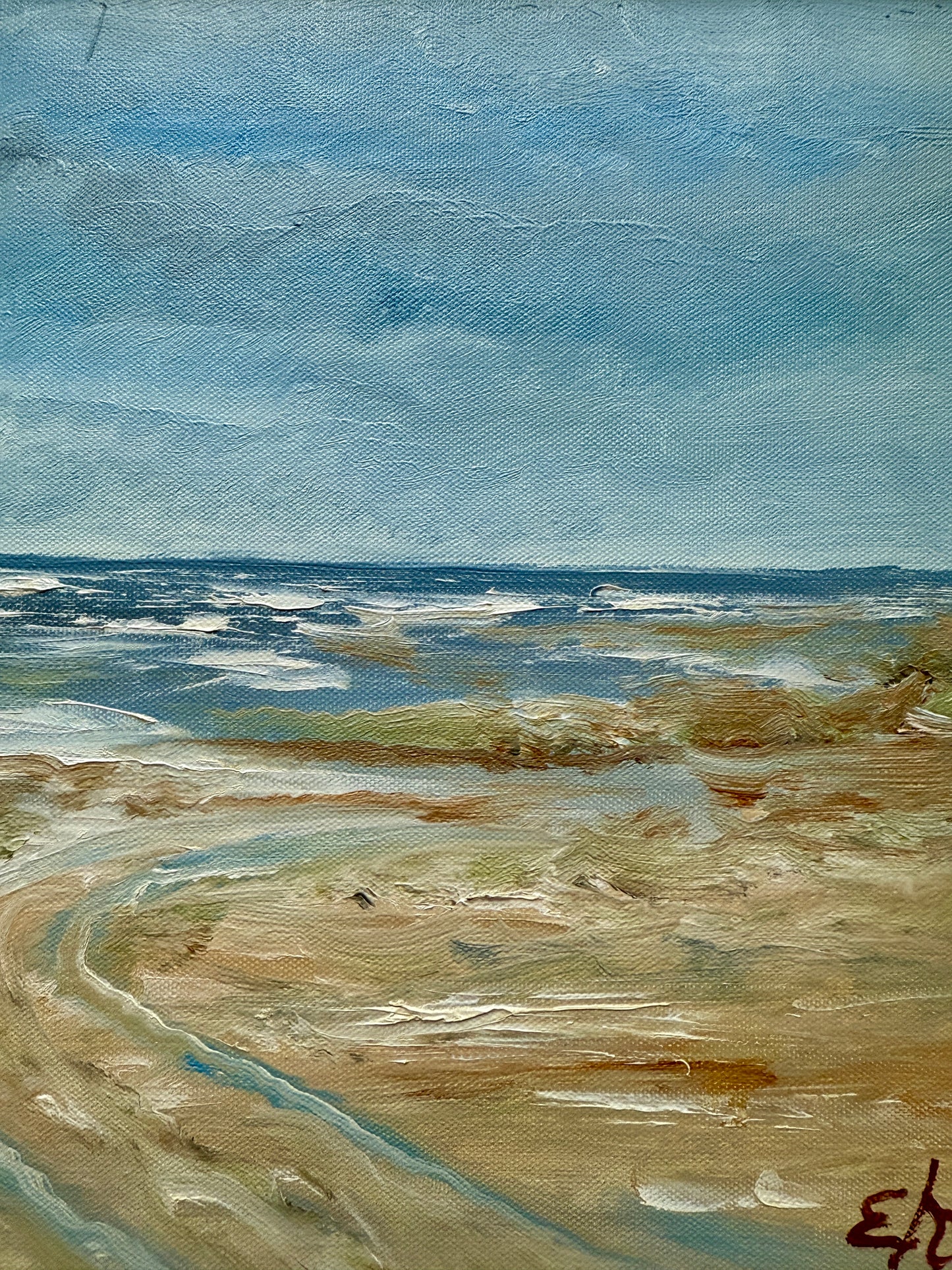 Vintage Impressionist Beach Seascape Oil Painting in Gold Frame