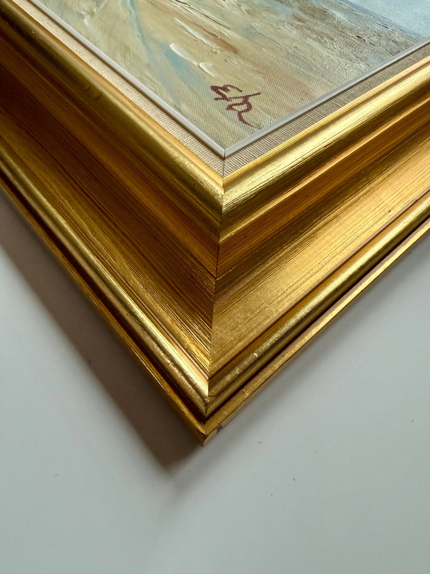 Vintage Impressionist Beach Seascape Oil Painting in Gold Frame