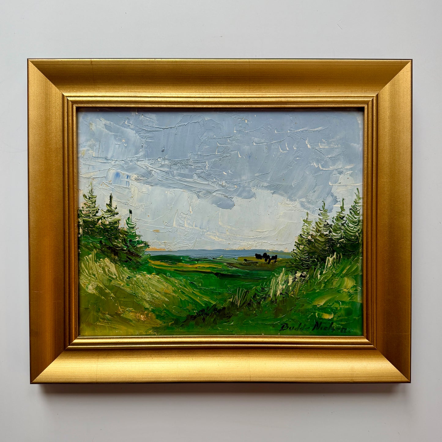 Vintage Expressionist Blue Green Landscape with Cows in Gold Frames