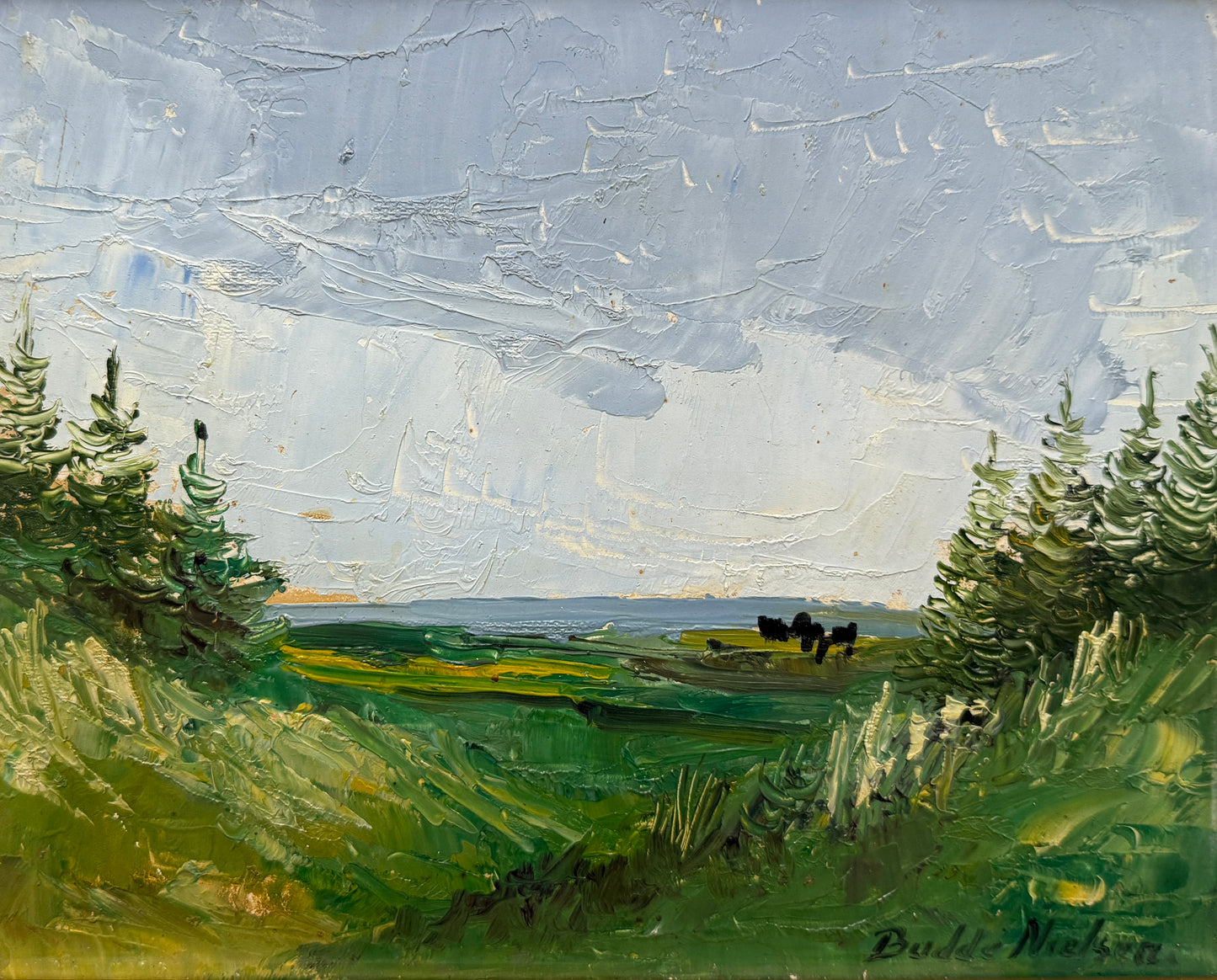 Vintage Expressionist Blue Green Landscape with Cows in Gold Frames