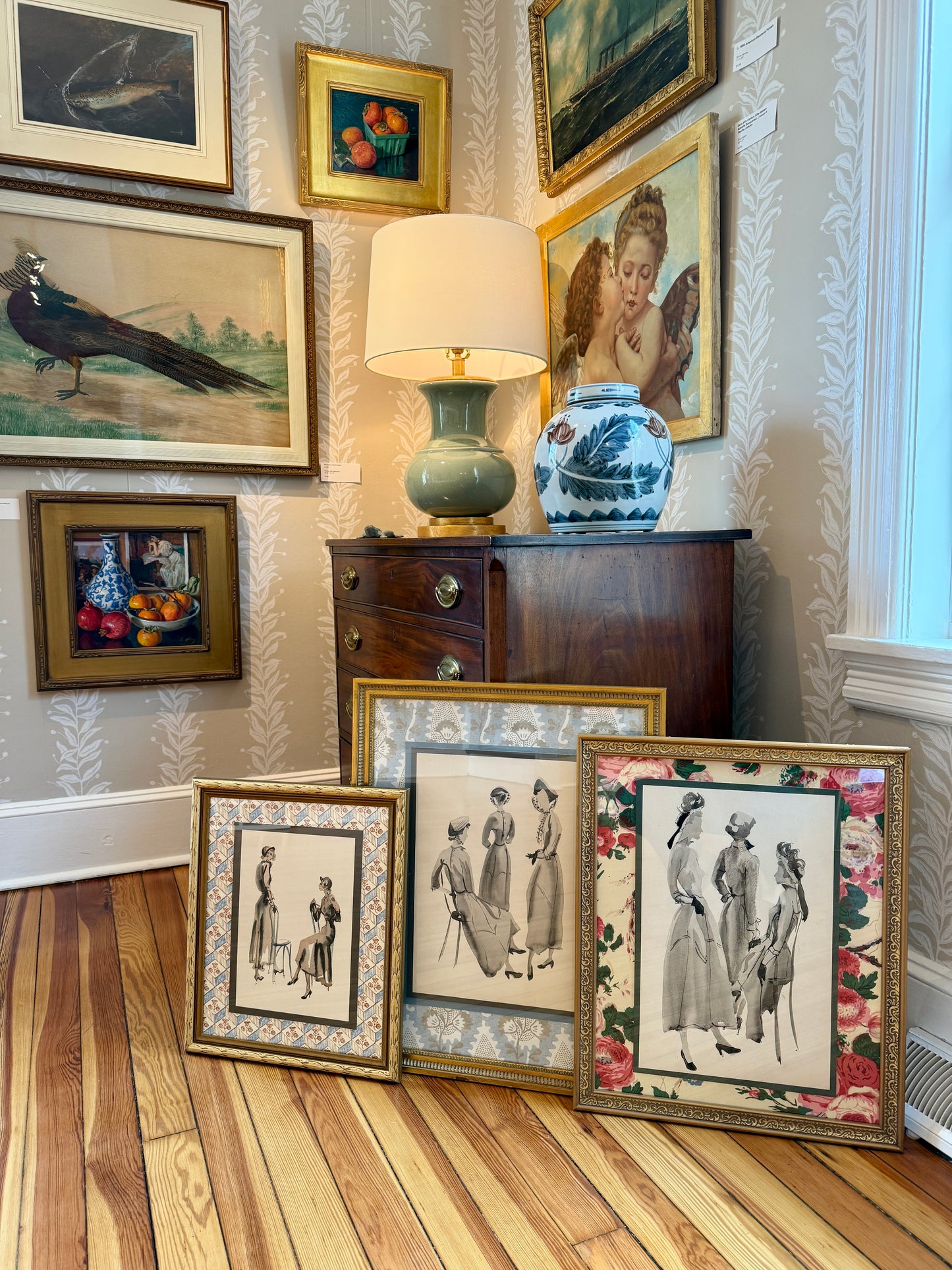 Catherine Figart Vogue Watercolor Fashion Illustration on Old English Chintz in Gold Frame