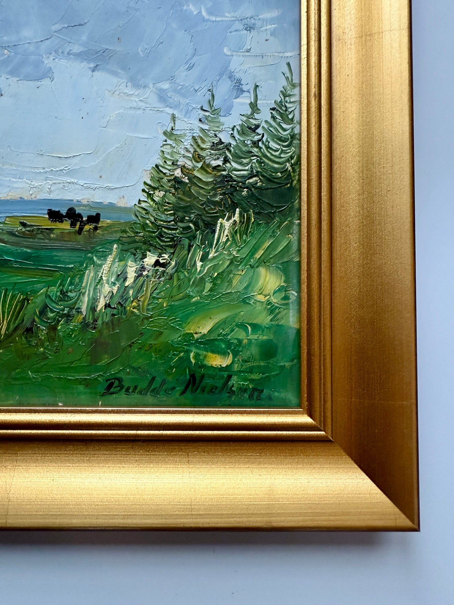 Vintage Expressionist Blue Green Landscape with Cows in Gold Frames