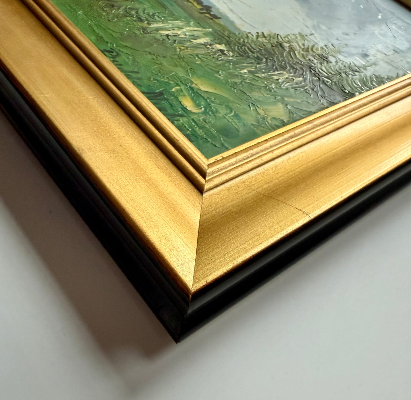 Vintage Expressionist Blue Green Landscape with Cows in Gold Frames
