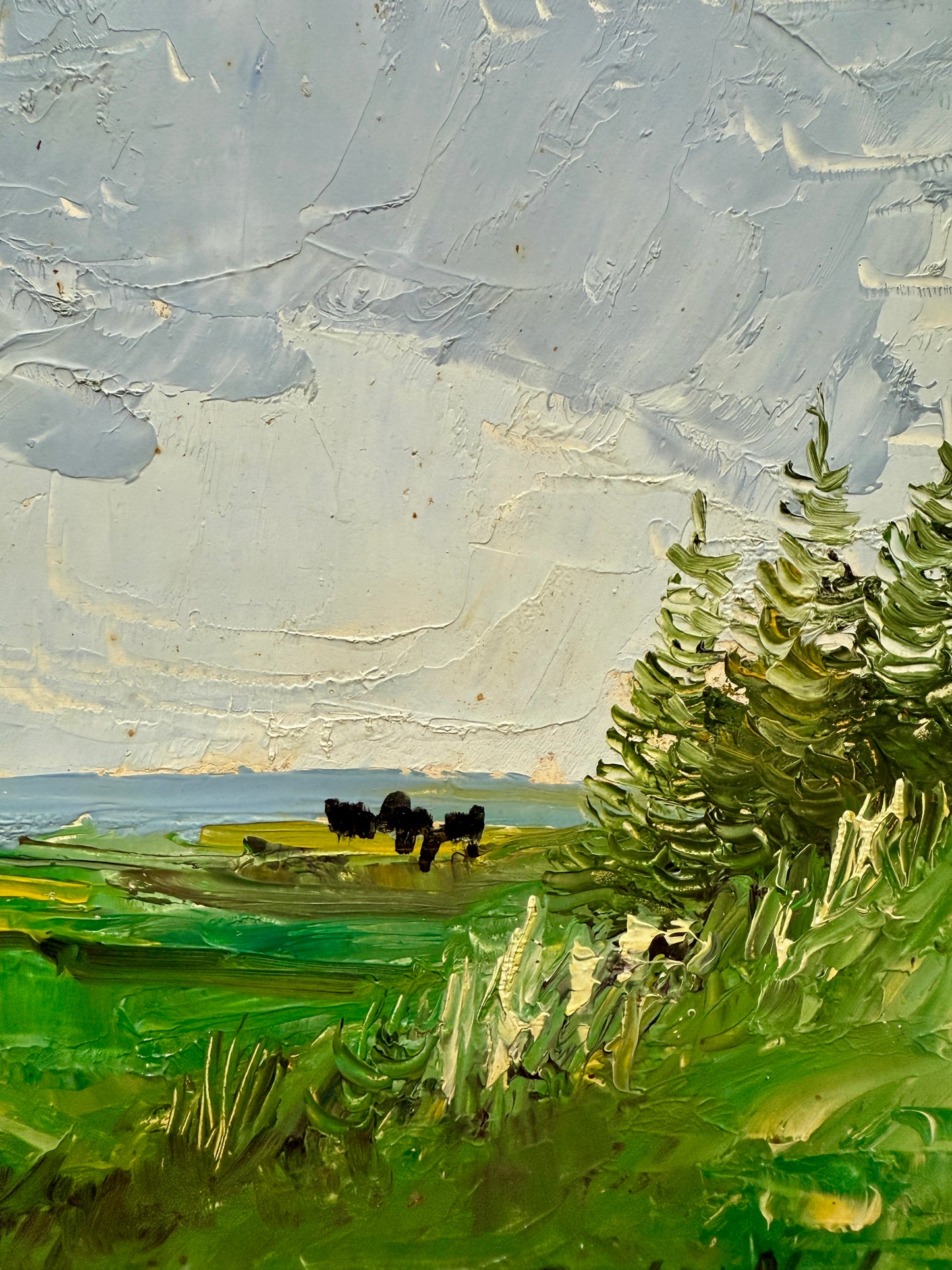 Vintage Expressionist Blue Green Landscape with Cows in Gold Frames