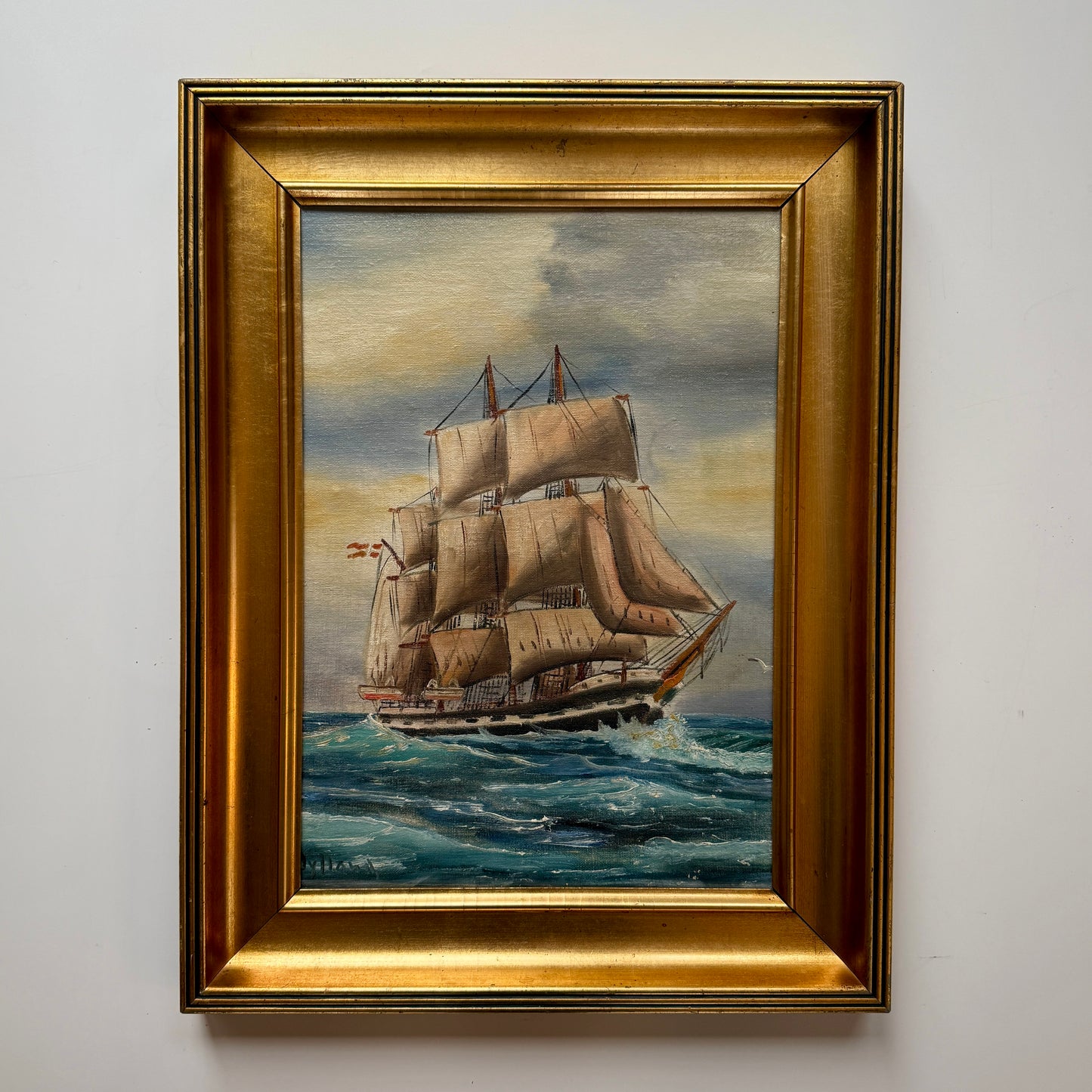 Early 20th Century Clipper Ship Seascape Portrait Oil Painting in Gold Frame