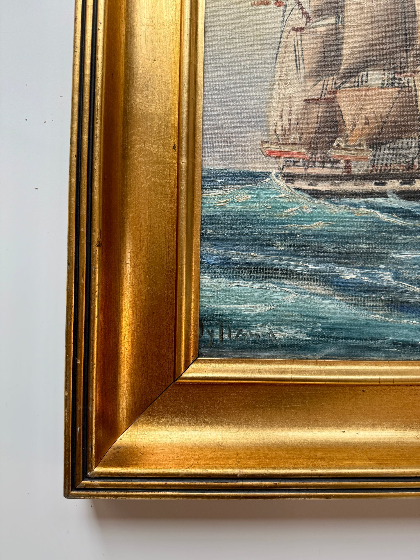 Early 20th Century Clipper Ship Seascape Portrait Oil Painting in Gold Frame