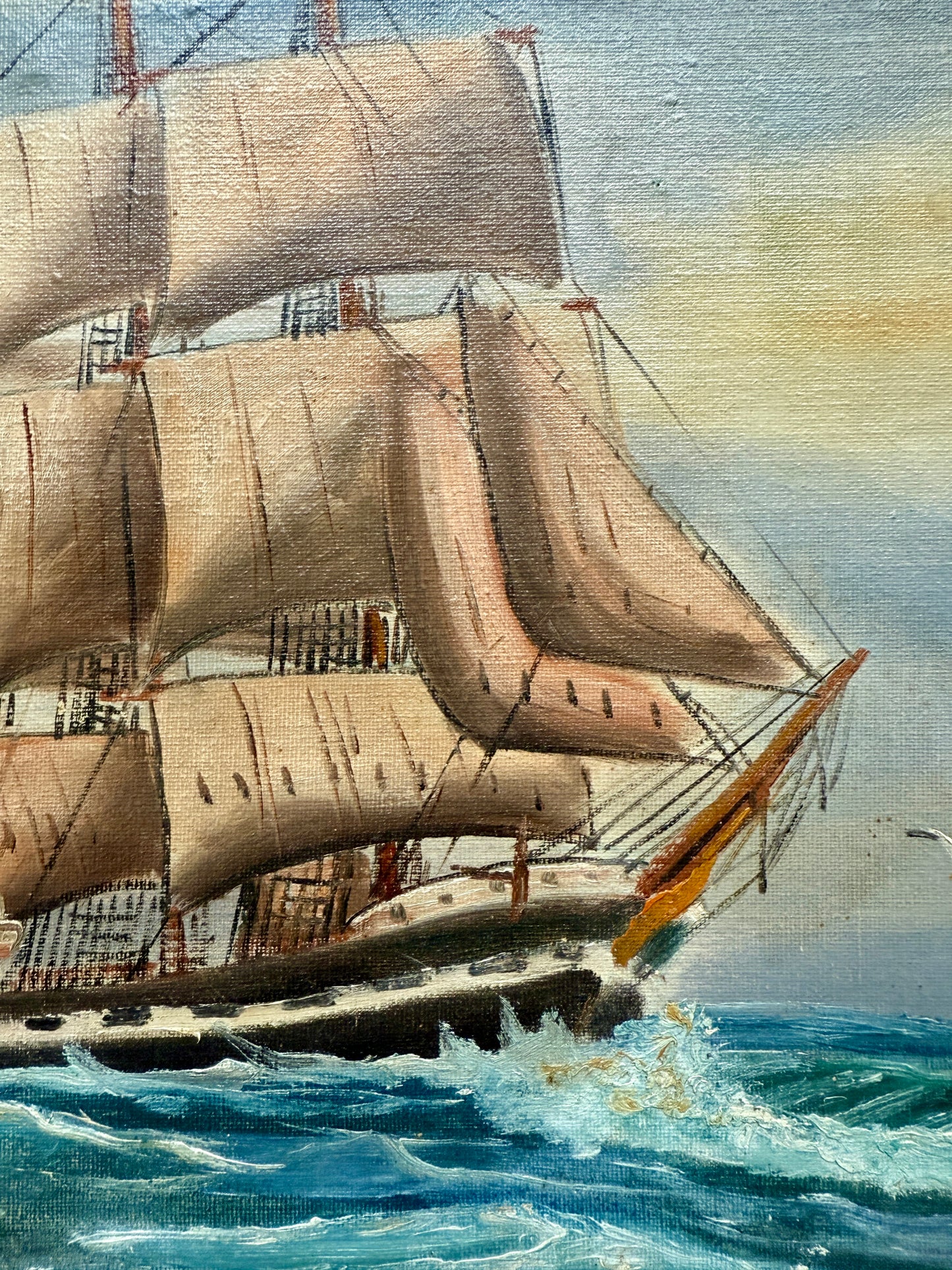 Early 20th Century Clipper Ship Seascape Portrait Oil Painting in Gold Frame