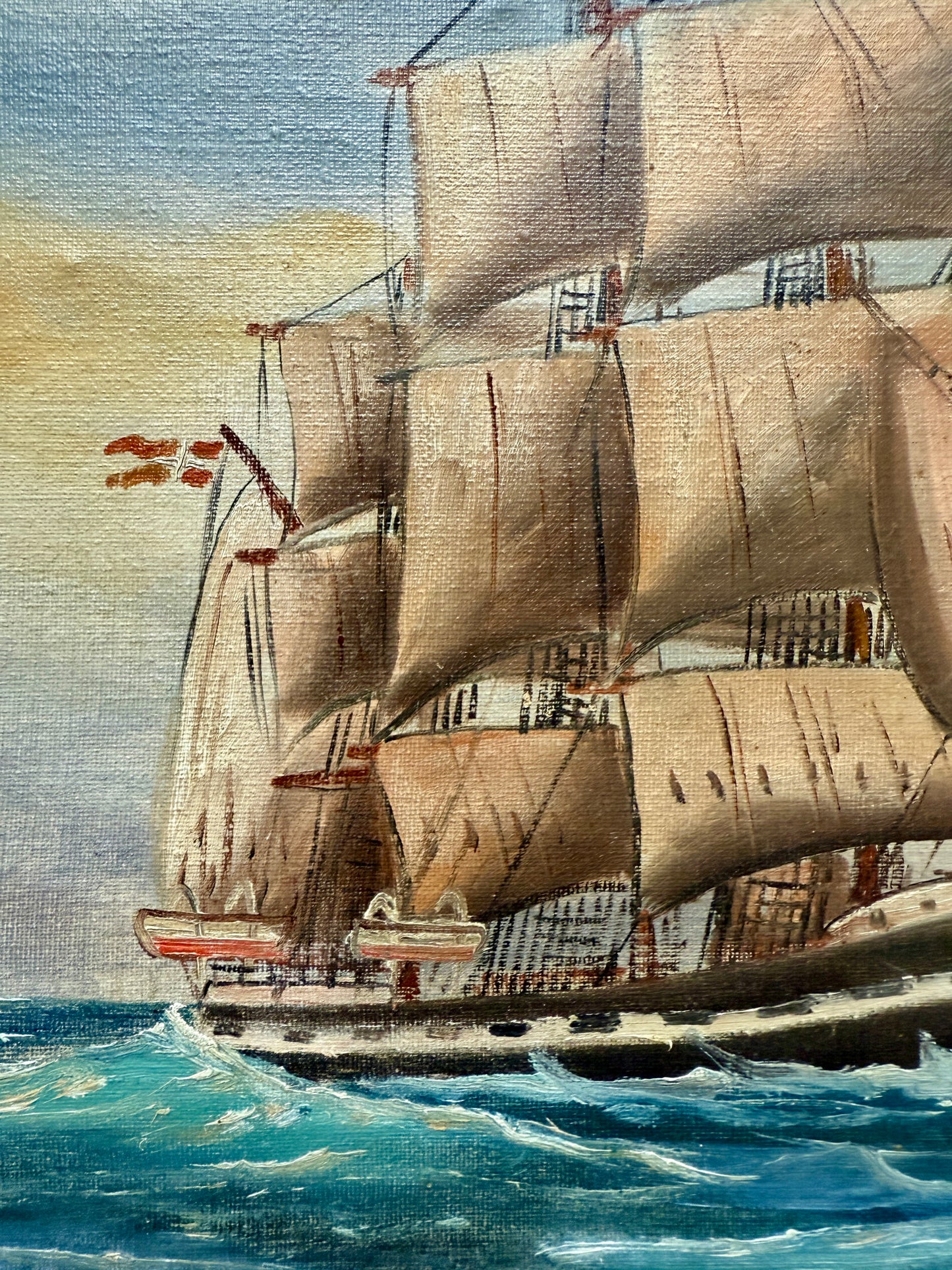 Early 20th Century Clipper Ship Seascape Portrait Oil Painting in Gold Frame