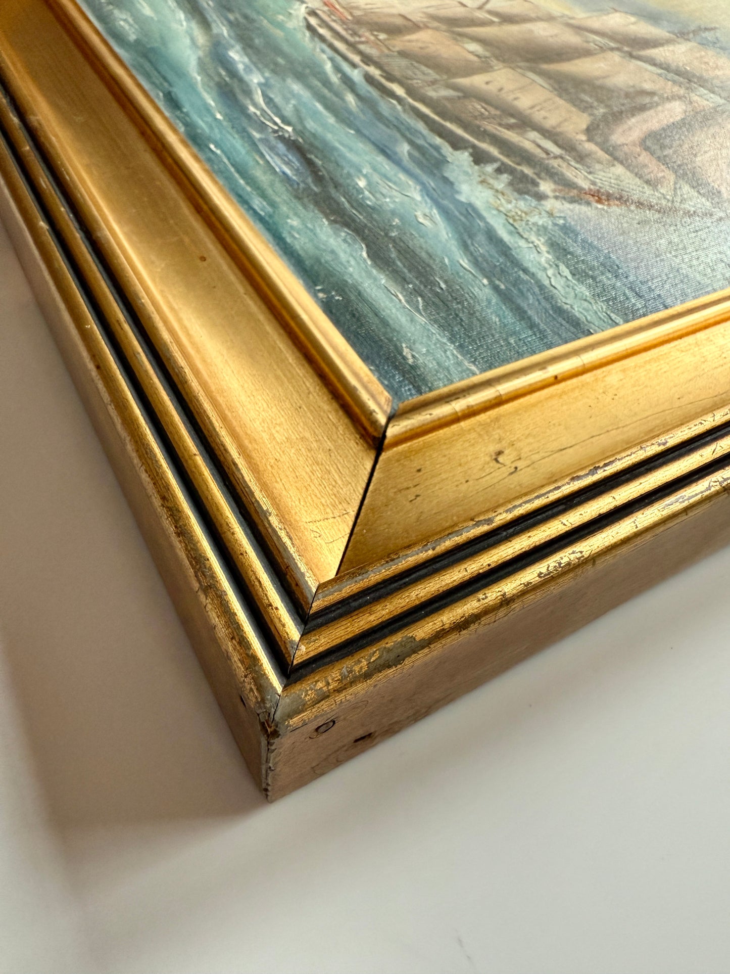 Early 20th Century Clipper Ship Seascape Portrait Oil Painting in Gold Frame