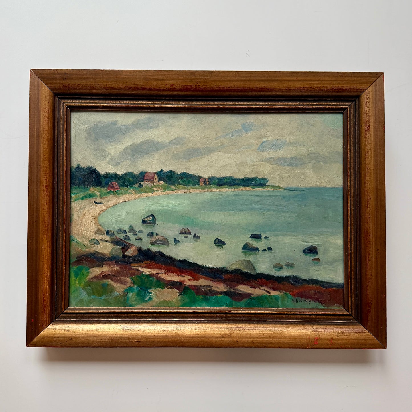 1927 Albert Kruger Coastal Beach Cove Landscape Oil Painting in Dark Gold Frame