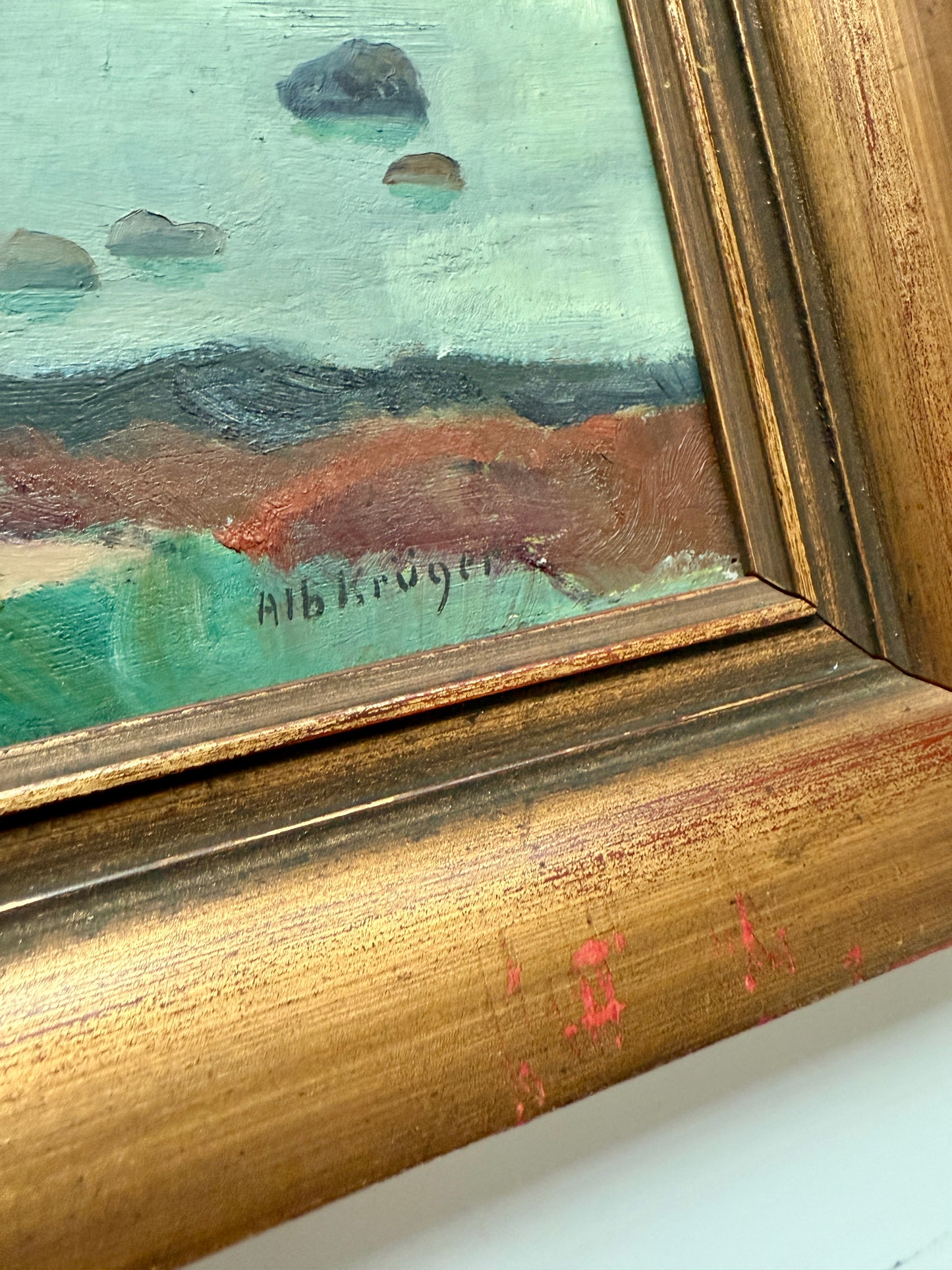 1927 Albert Kruger Coastal Beach Cove Landscape Oil Painting in Dark Gold Frame