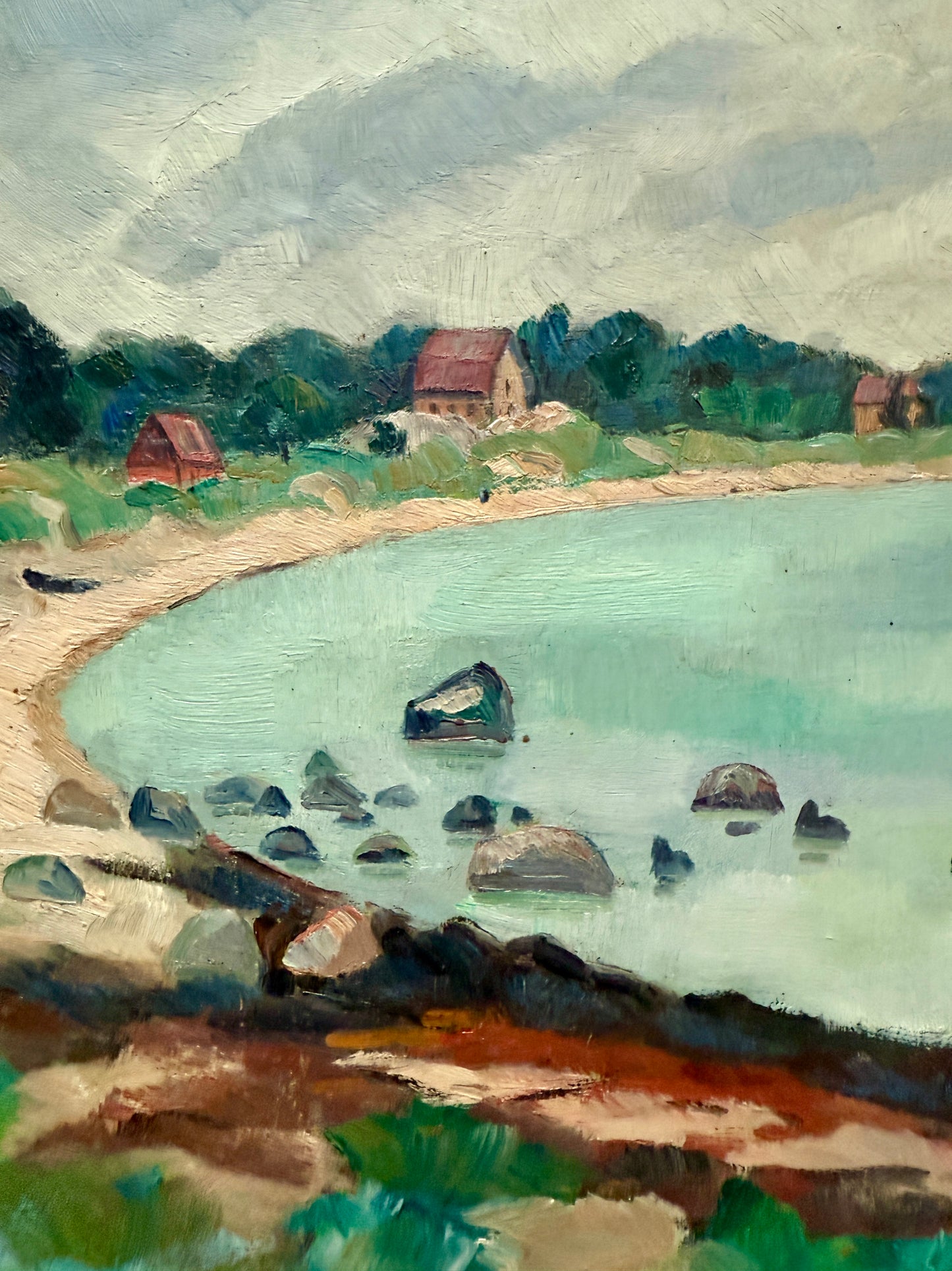1927 Albert Kruger Coastal Beach Cove Landscape Oil Painting in Dark Gold Frame