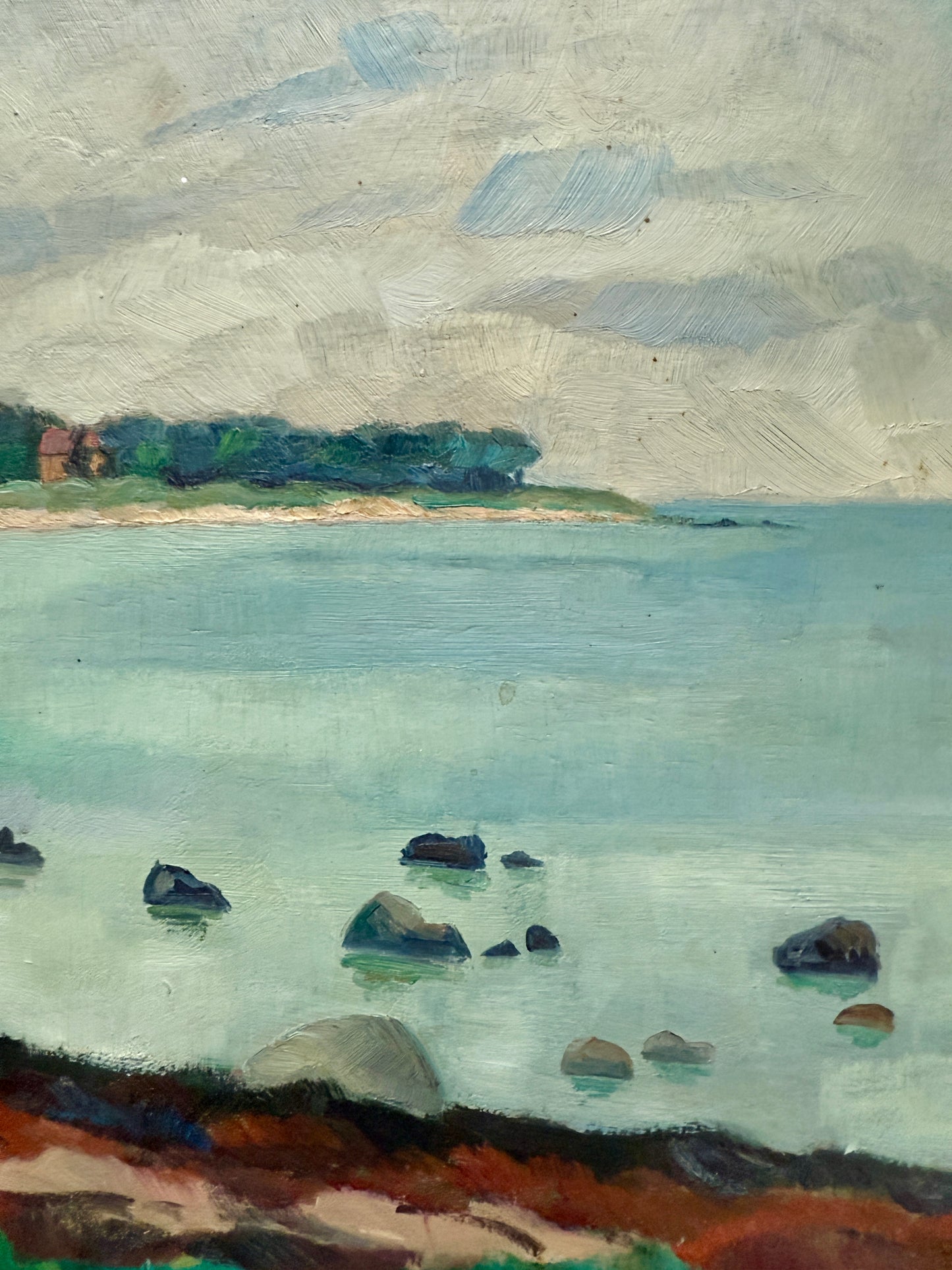 1927 Albert Kruger Coastal Beach Cove Landscape Oil Painting in Dark Gold Frame