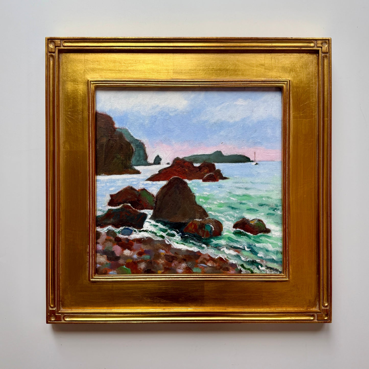 Vintage Rocky Cove Seascape with Sailboat Painting in Gold Frame