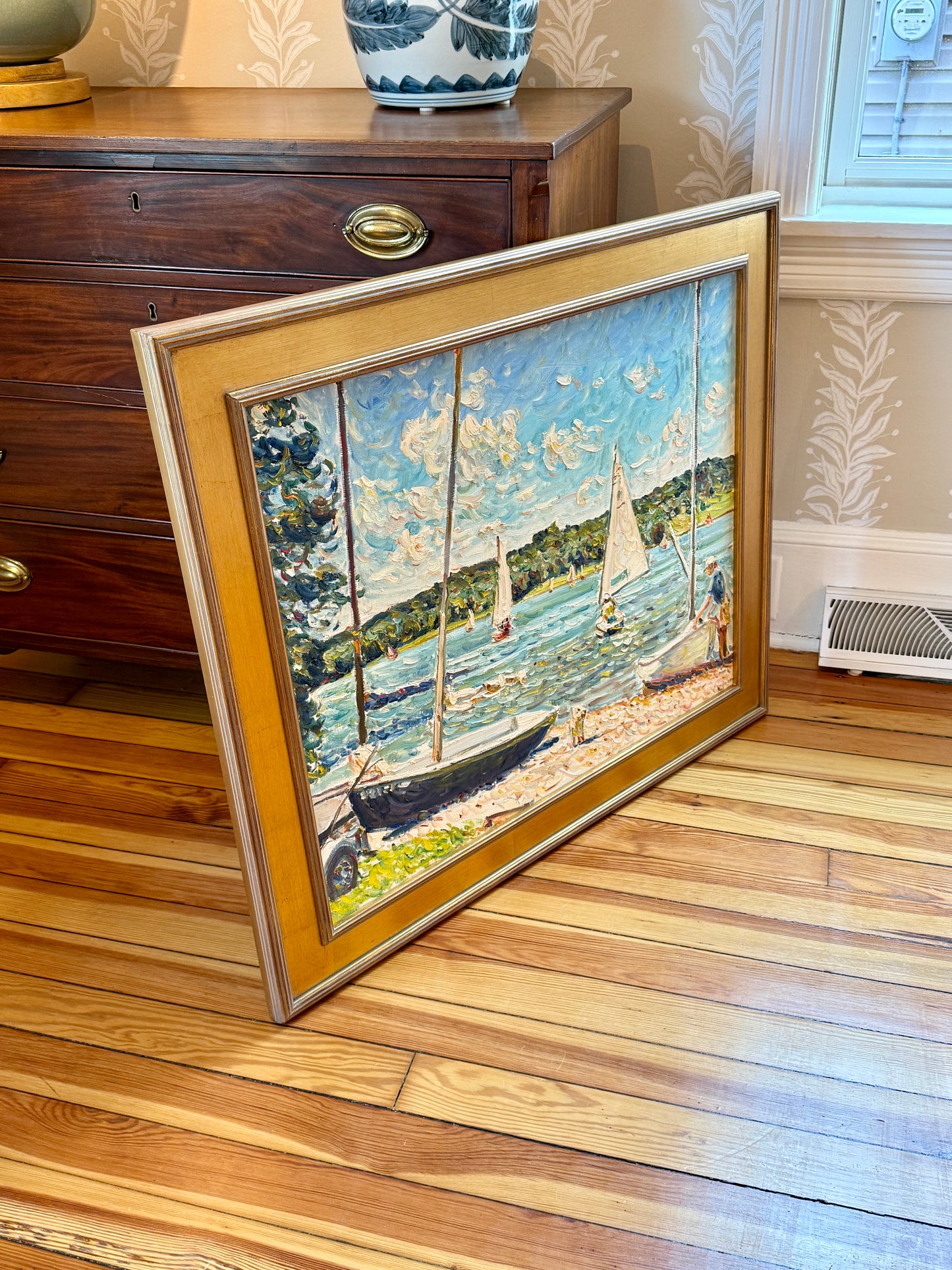 Edmund Jordan September Shores Coastal Landscape Sailboats Oil Painting in Gold Frame