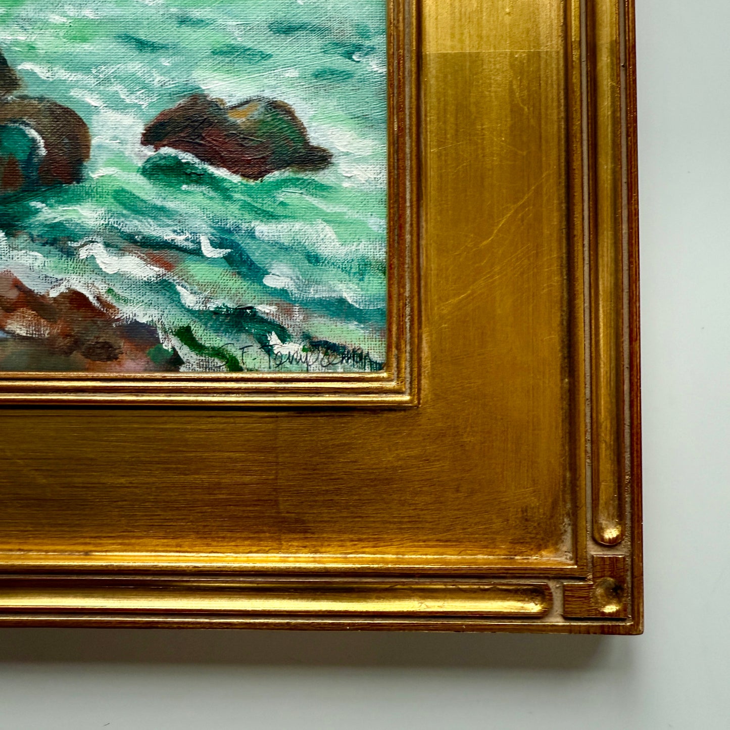 Vintage Rocky Cove Seascape with Sailboat Painting in Gold Frame