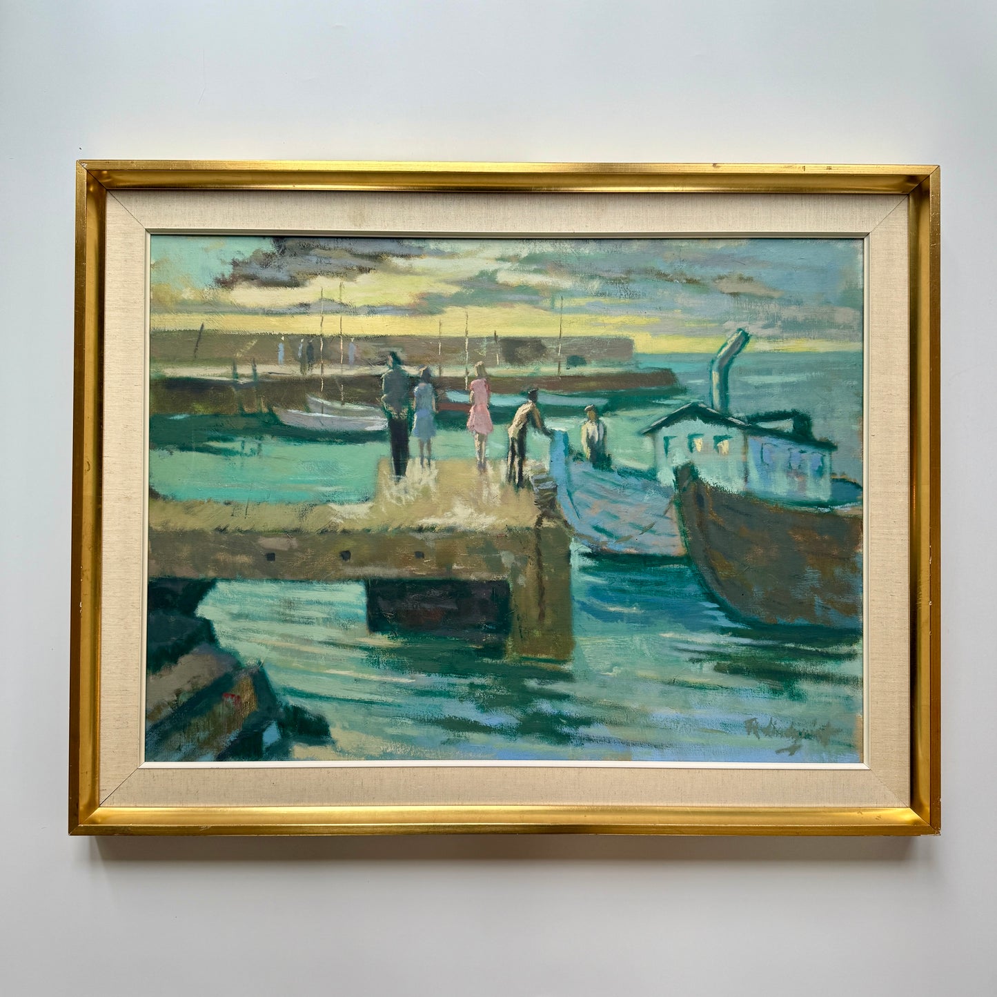 Mid Century Girls at the Harbor Boats at Sunset Oil Painting in Gold Frame