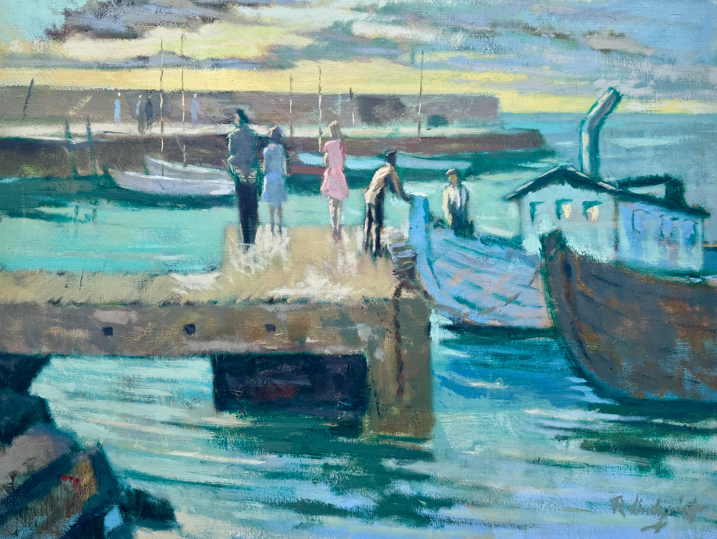 Mid Century Girls at the Harbor Boats at Sunset Oil Painting in Gold Frame