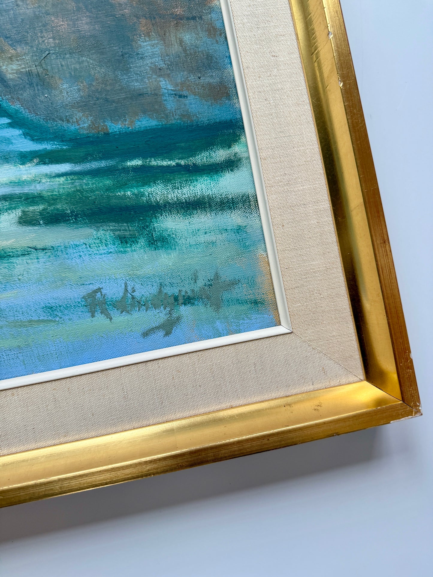 Mid Century Girls at the Harbor Boats at Sunset Oil Painting in Gold Frame