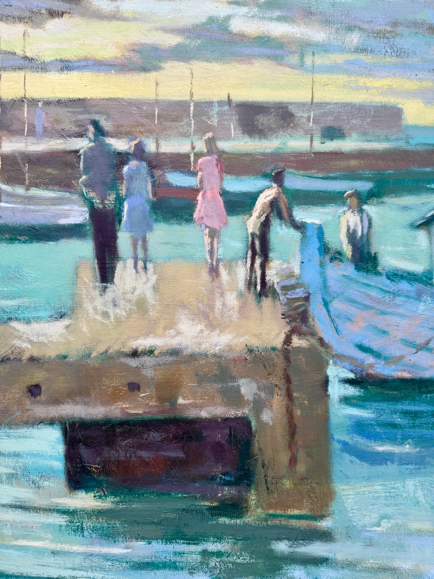 Mid Century Girls at the Harbor Boats at Sunset Oil Painting in Gold Frame