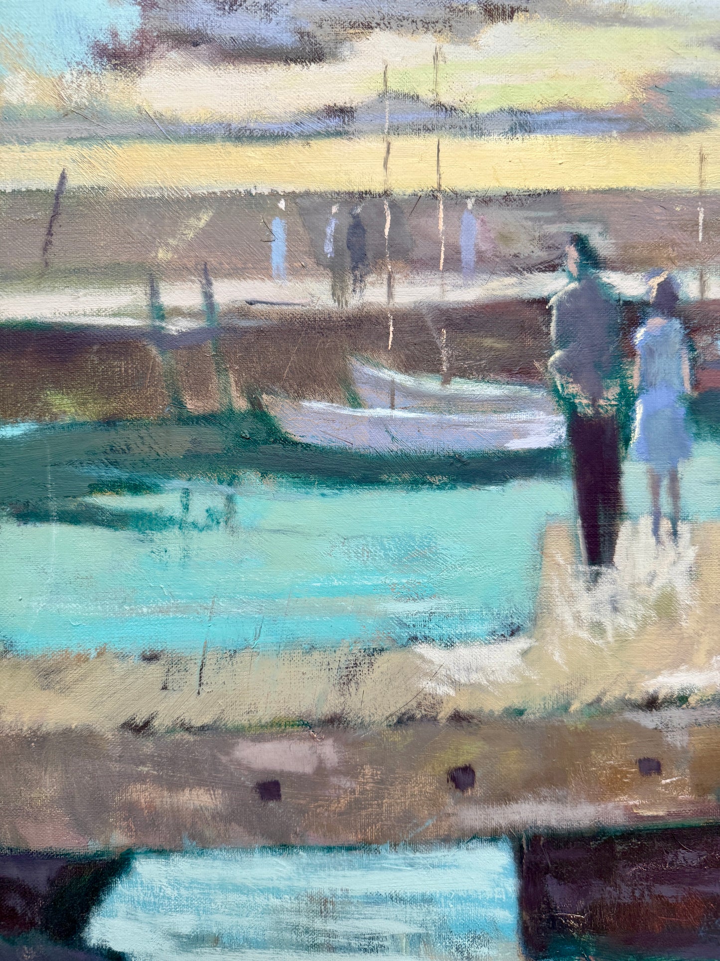 Mid Century Girls at the Harbor Boats at Sunset Oil Painting in Gold Frame