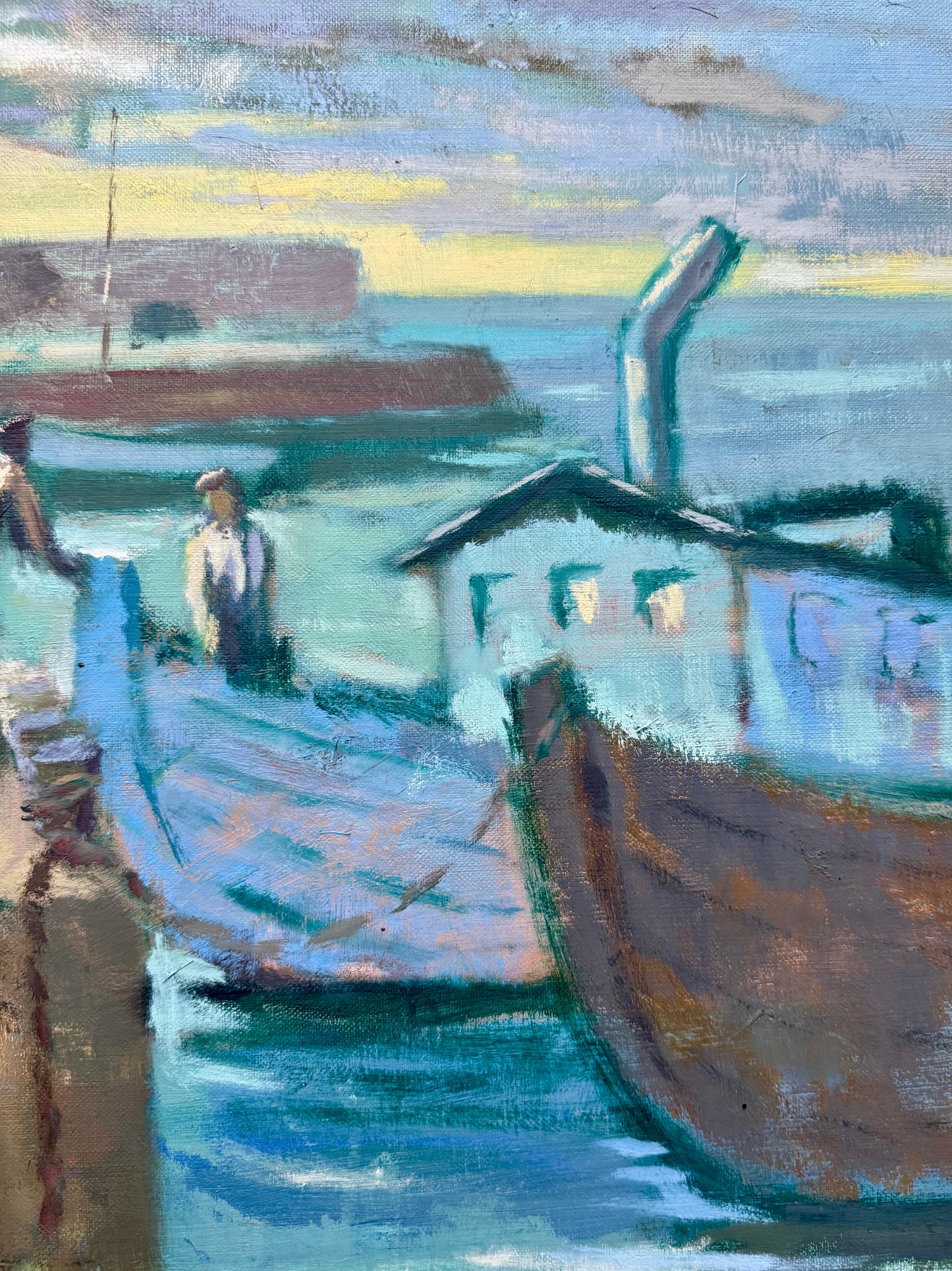 Mid Century Girls at the Harbor Boats at Sunset Oil Painting in Gold Frame