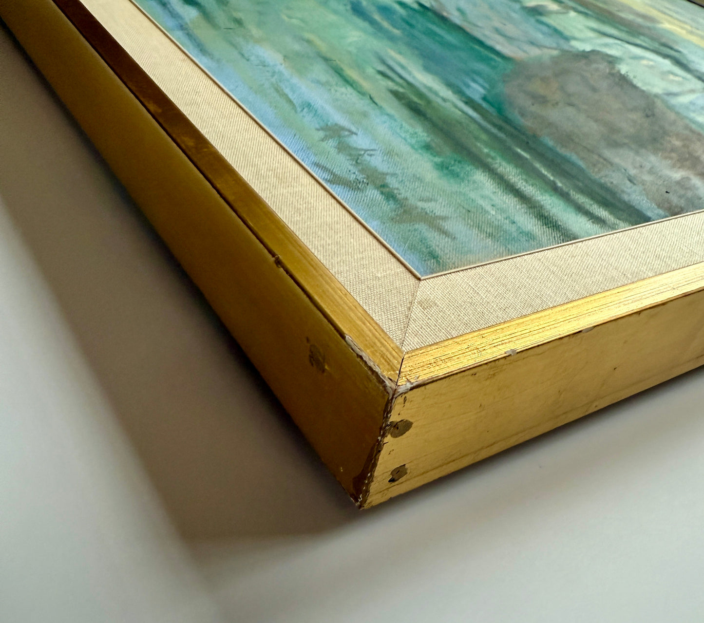 Mid Century Girls at the Harbor Boats at Sunset Oil Painting in Gold Frame