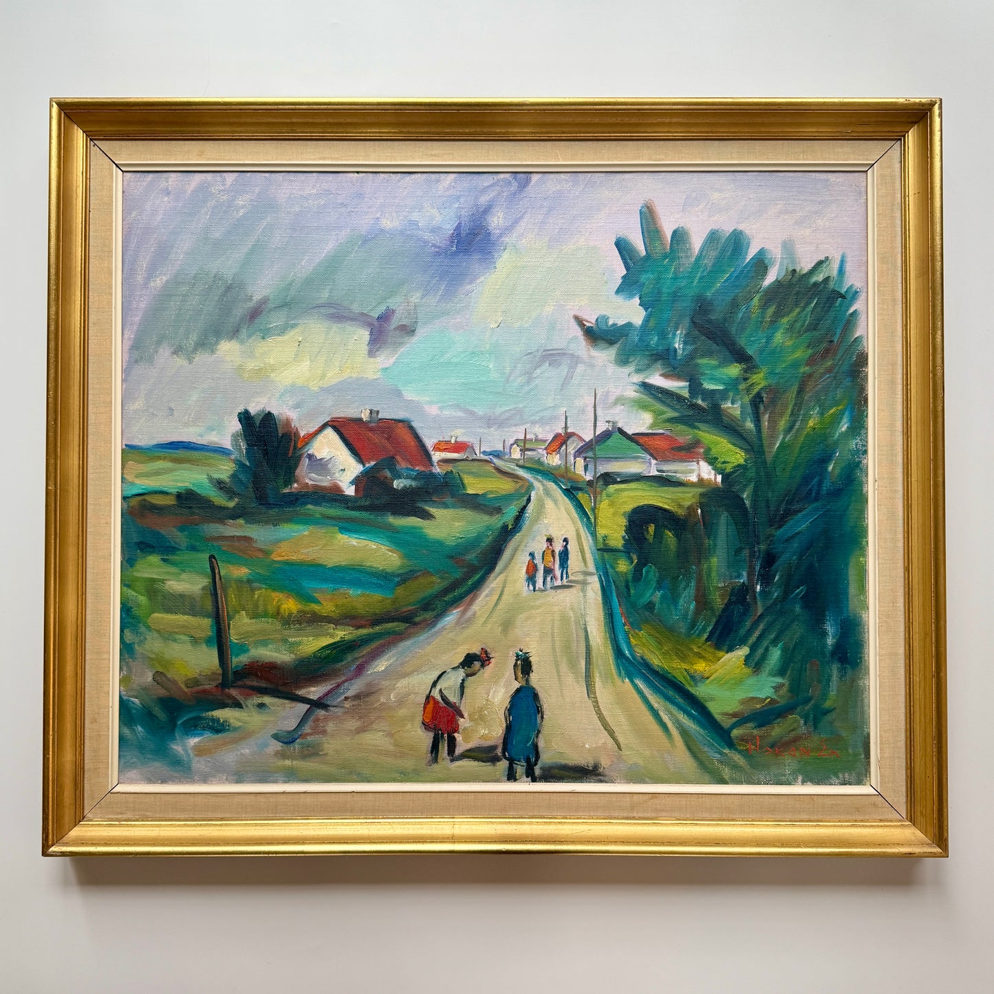 Mid Century Expressionist Walk from School Colorful Landscape Oil Painting in Gold Frame