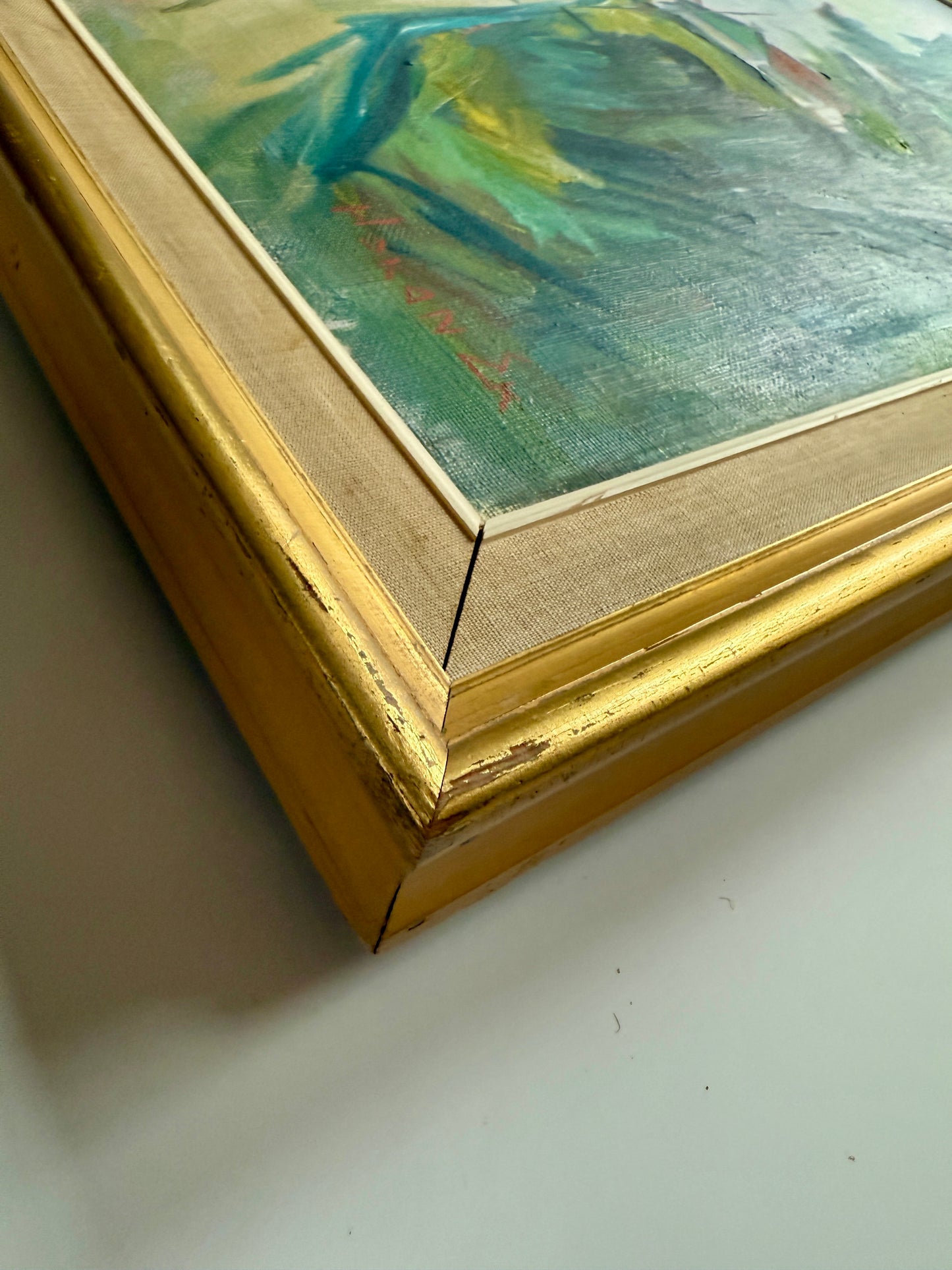 Mid Century Expressionist Walk from School Colorful Landscape Oil Painting in Gold Frame