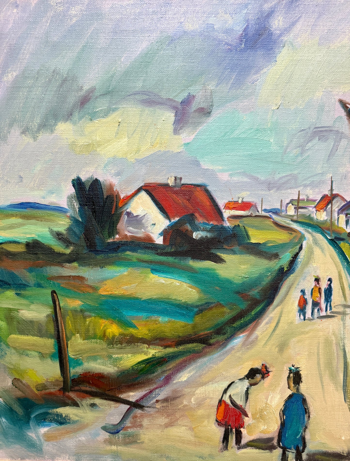 Mid Century Expressionist Walk from School Colorful Landscape Oil Painting in Gold Frame