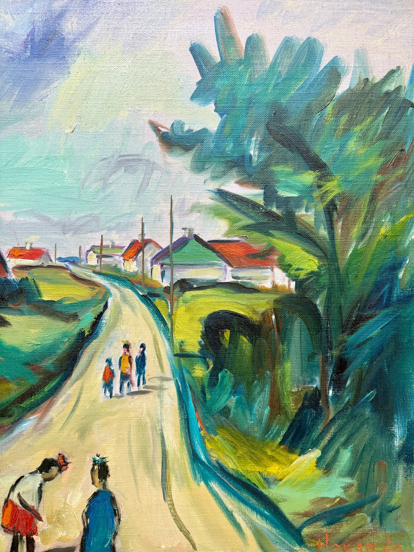 Mid Century Expressionist Walk from School Colorful Landscape Oil Painting in Gold Frame