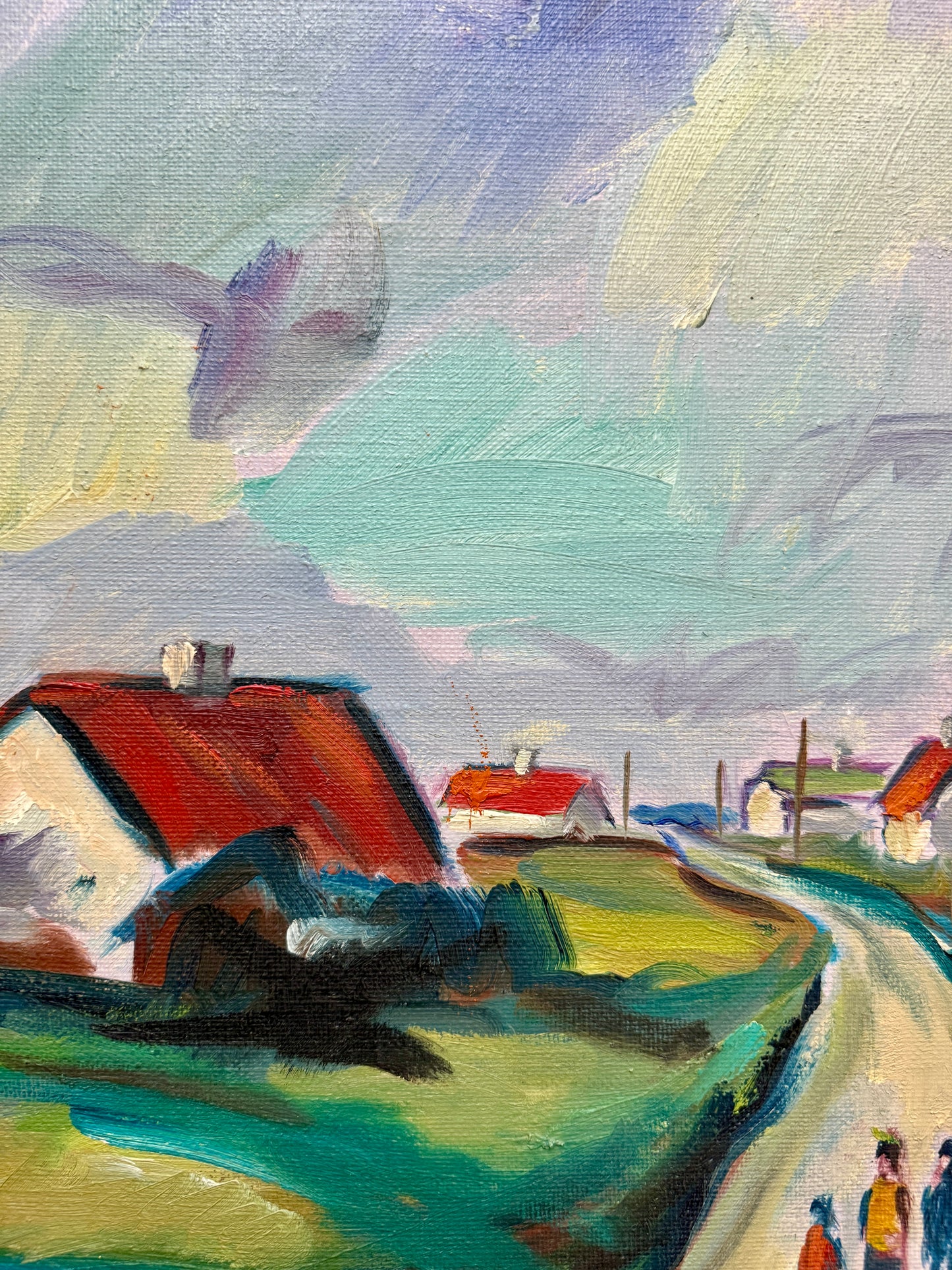Mid Century Expressionist Walk from School Colorful Landscape Oil Painting in Gold Frame