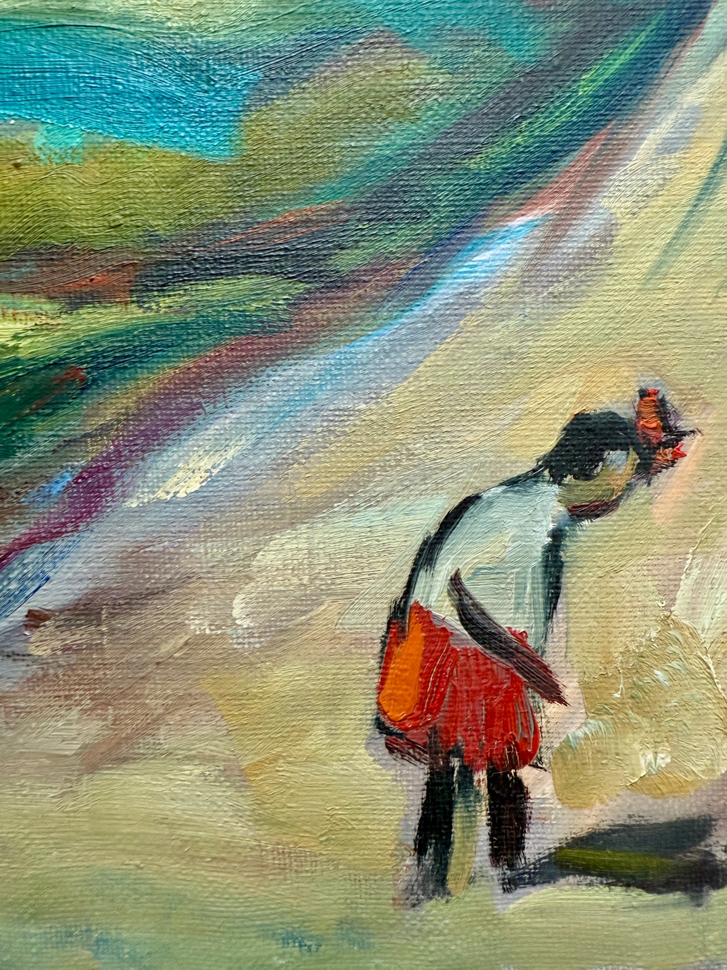 Mid Century Expressionist Walk from School Colorful Landscape Oil Painting in Gold Frame