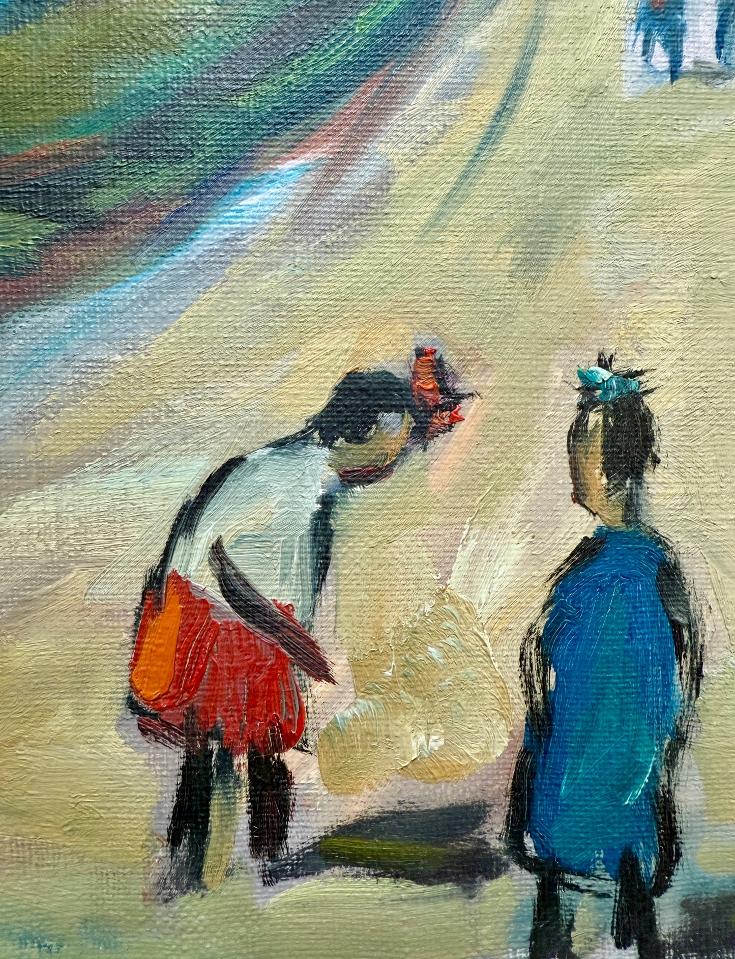 Mid Century Expressionist Walk from School Colorful Landscape Oil Painting in Gold Frame