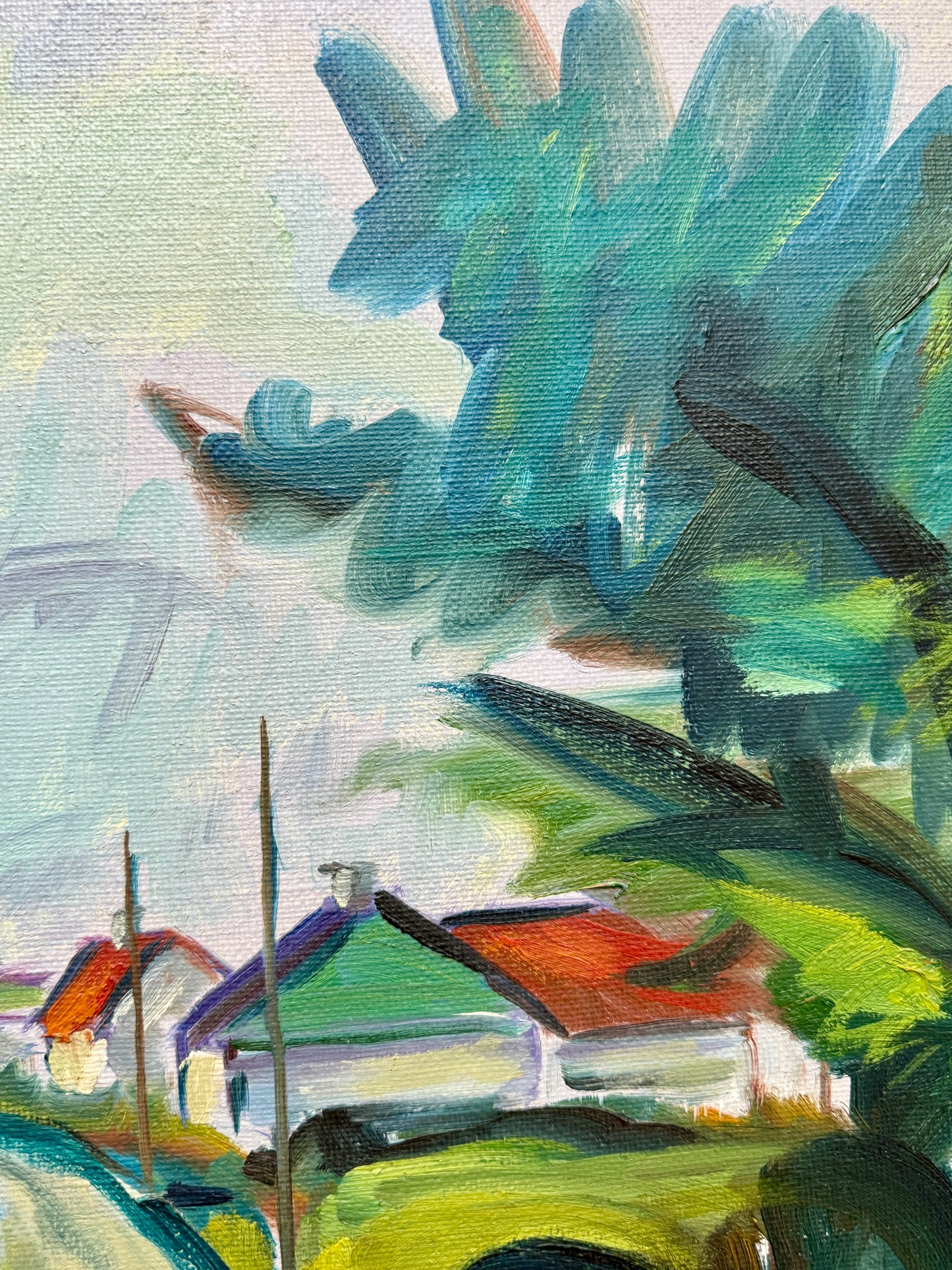 Mid Century Expressionist Walk from School Colorful Landscape Oil Painting in Gold Frame