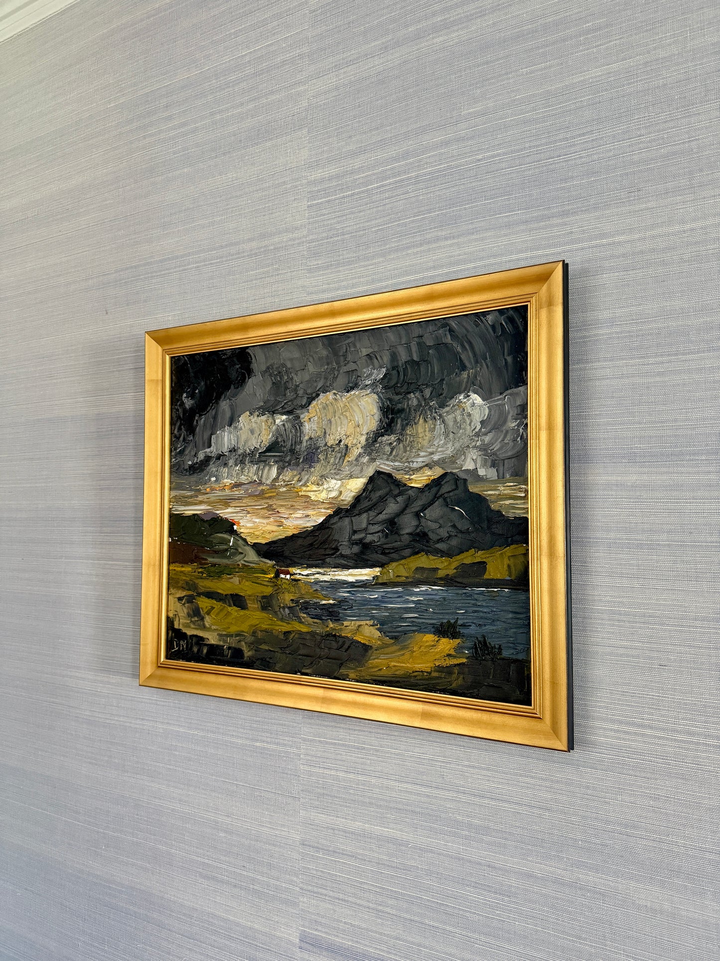 Moody Impasto Stormy Coastal Scottish Loch Mountain Landscape Oil Painting in Gold Frame
